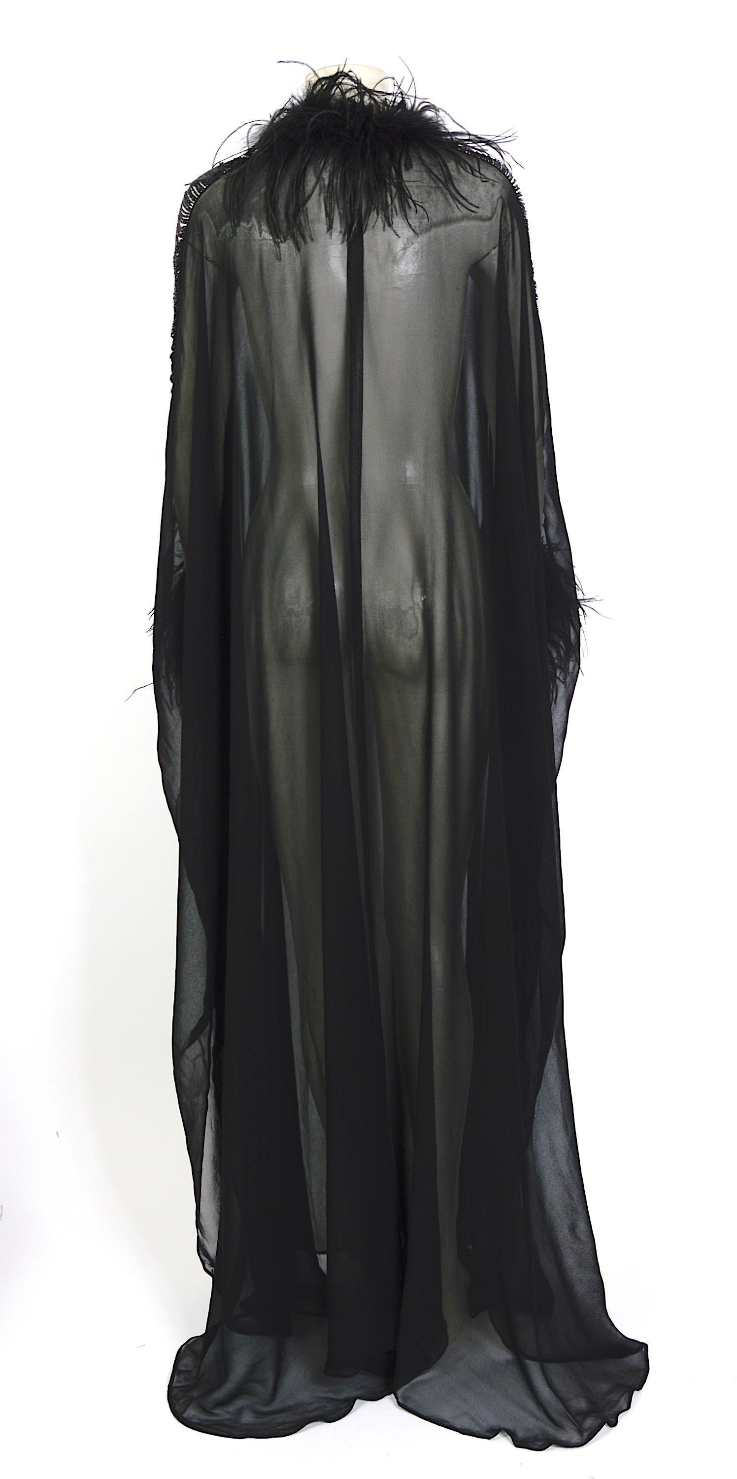 Loris Azzaro couture vintage black silk feather & chains details caftan dress In Excellent Condition In Antwerp, BE