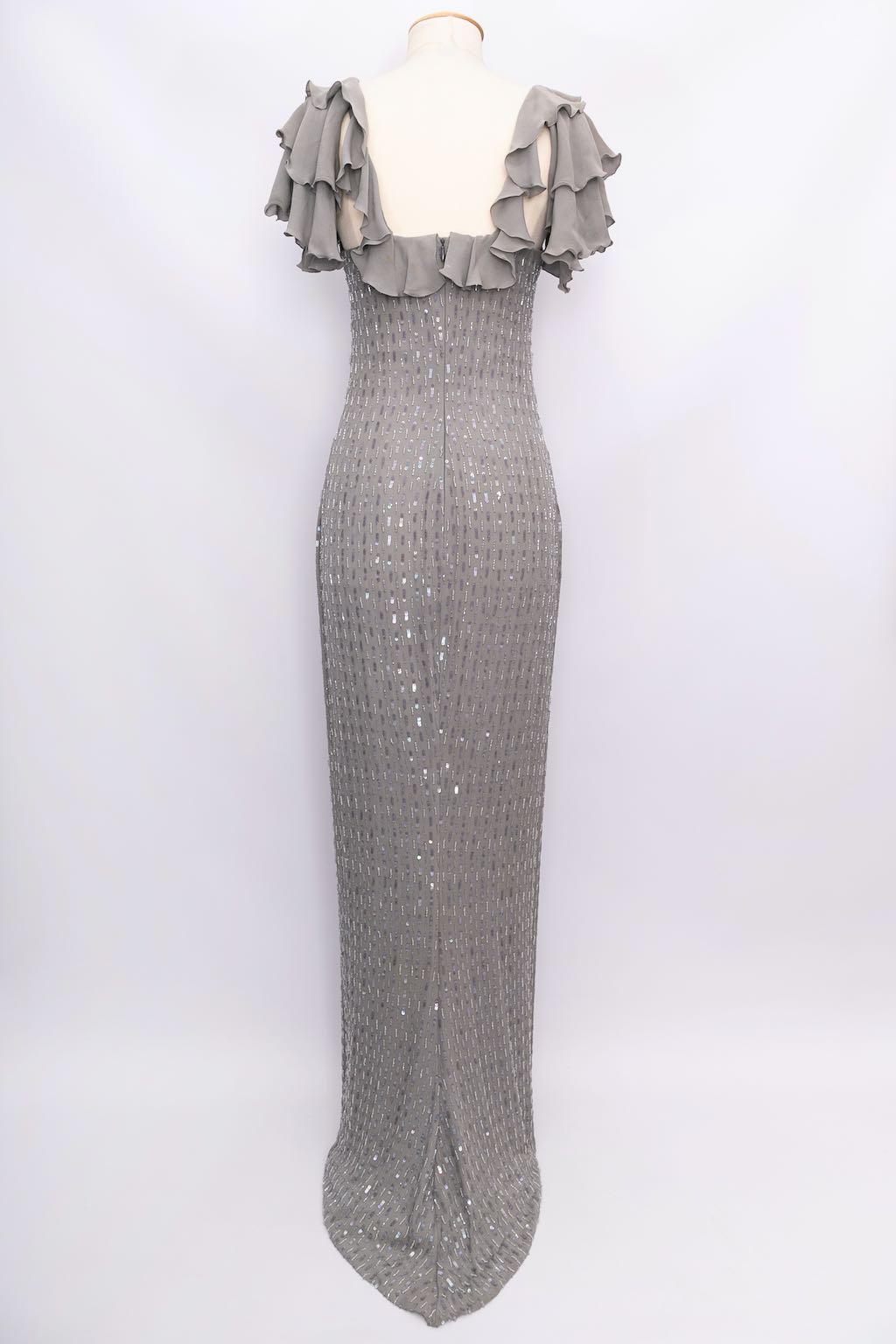 Gray Loris Azzaro Embroidered Grey Silk Dress, Size 36FR For Sale