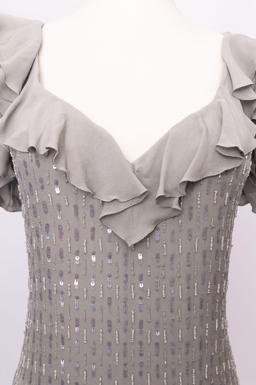 Loris Azzaro - Robe en soie grise brodée, taille 36FR en vente 1