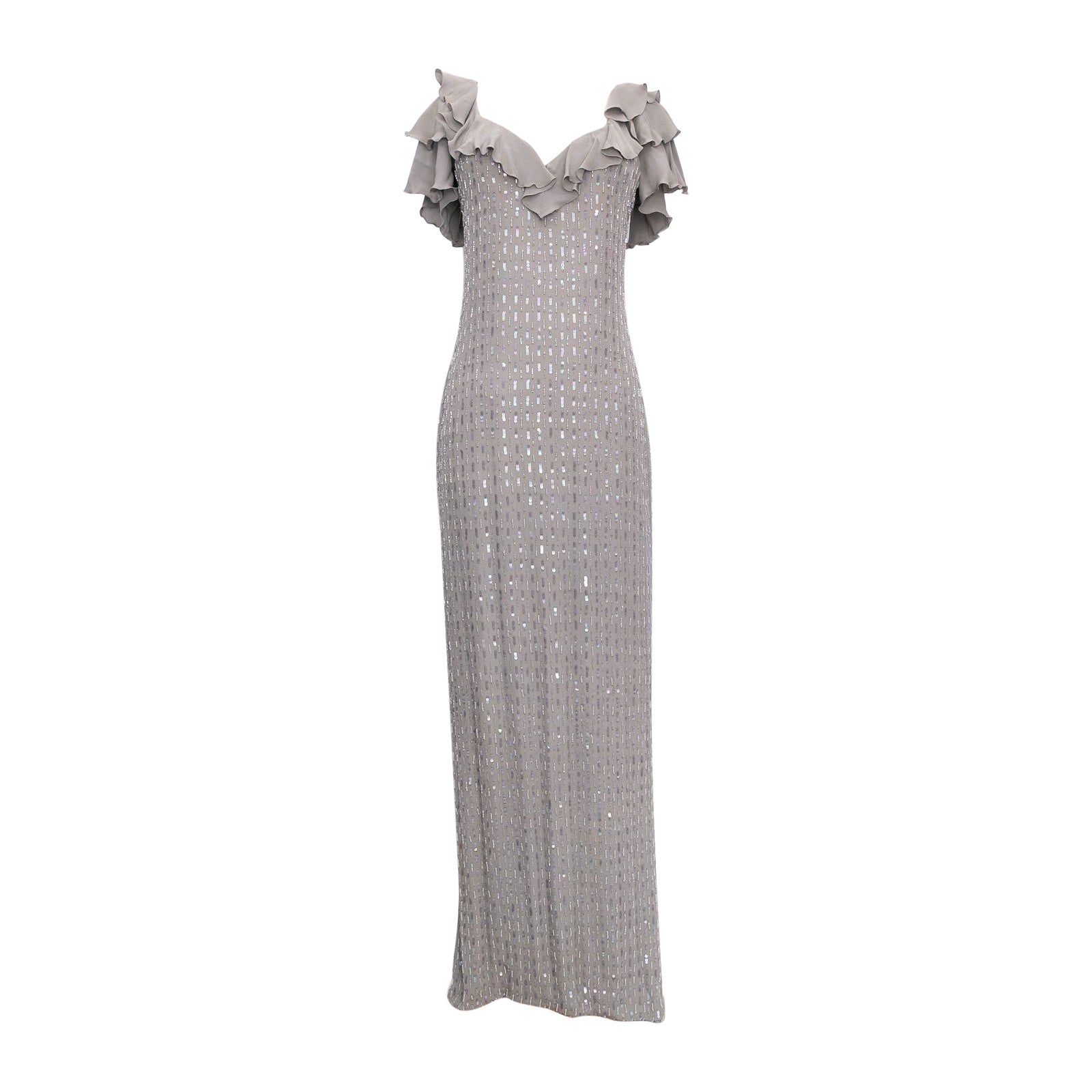 Loris Azzaro - Robe en soie grise brodée, taille 36FR