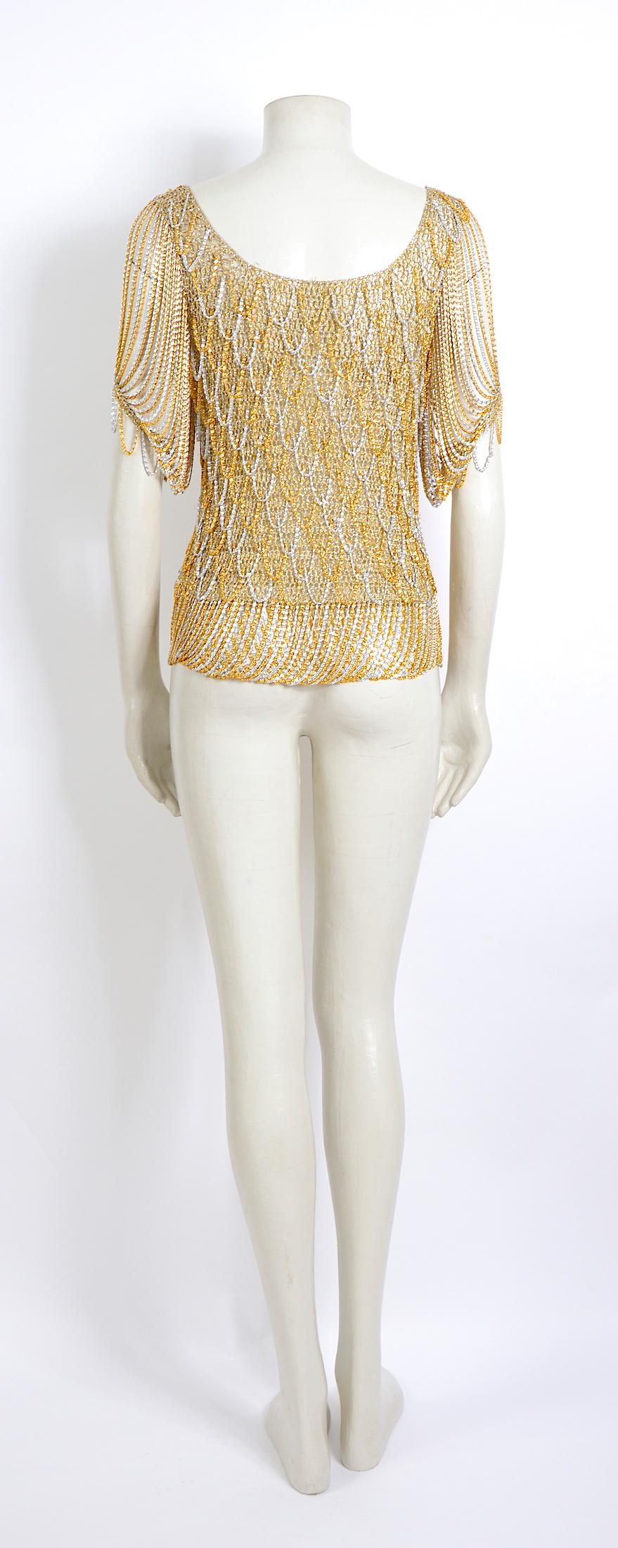 Beige Loris Azzaro French 70s hand crocheted lurex gold and silver metal chain top