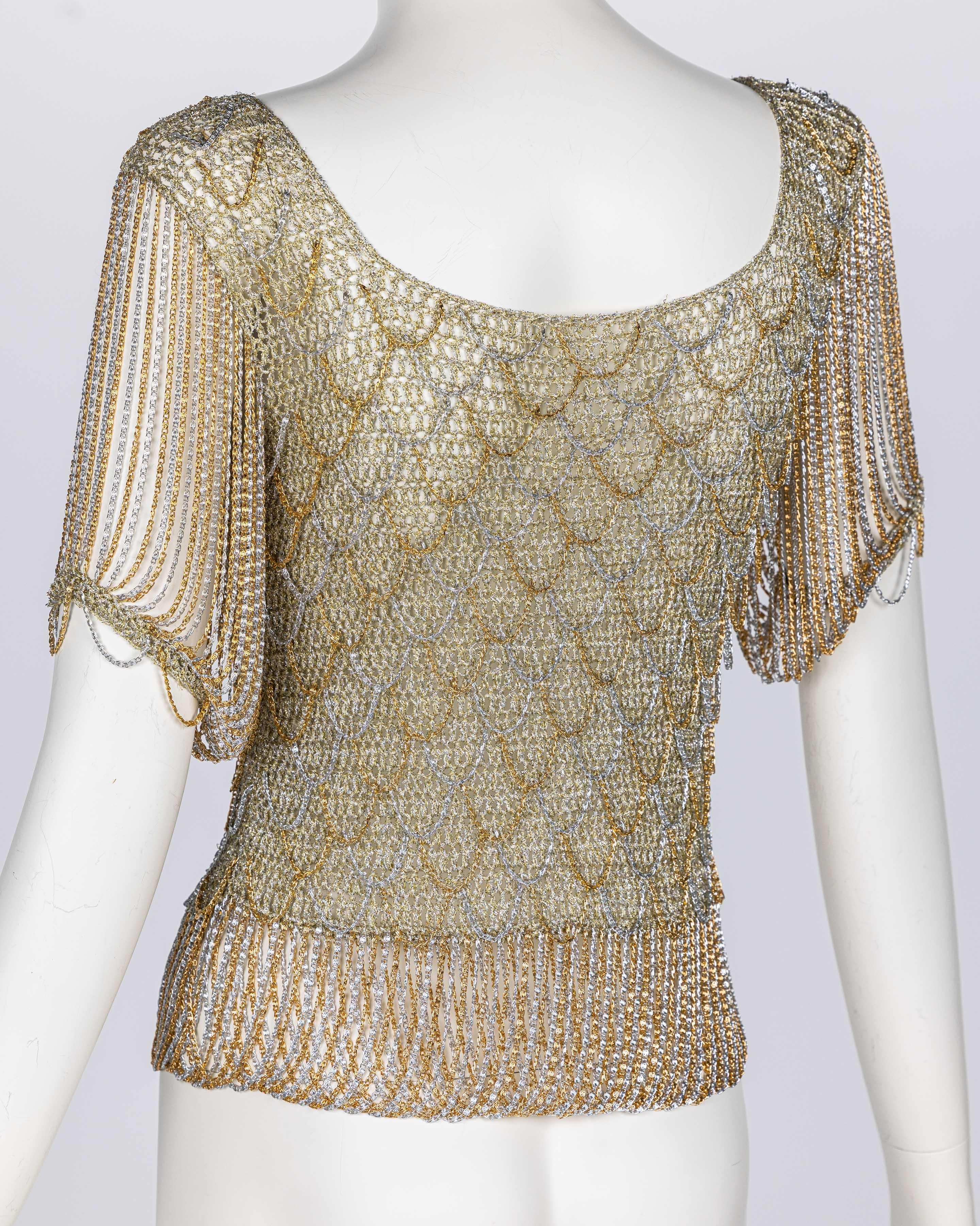 Loris Azzaro Gold Silver Crochet chain Top, 1970s In Excellent Condition In Boca Raton, FL