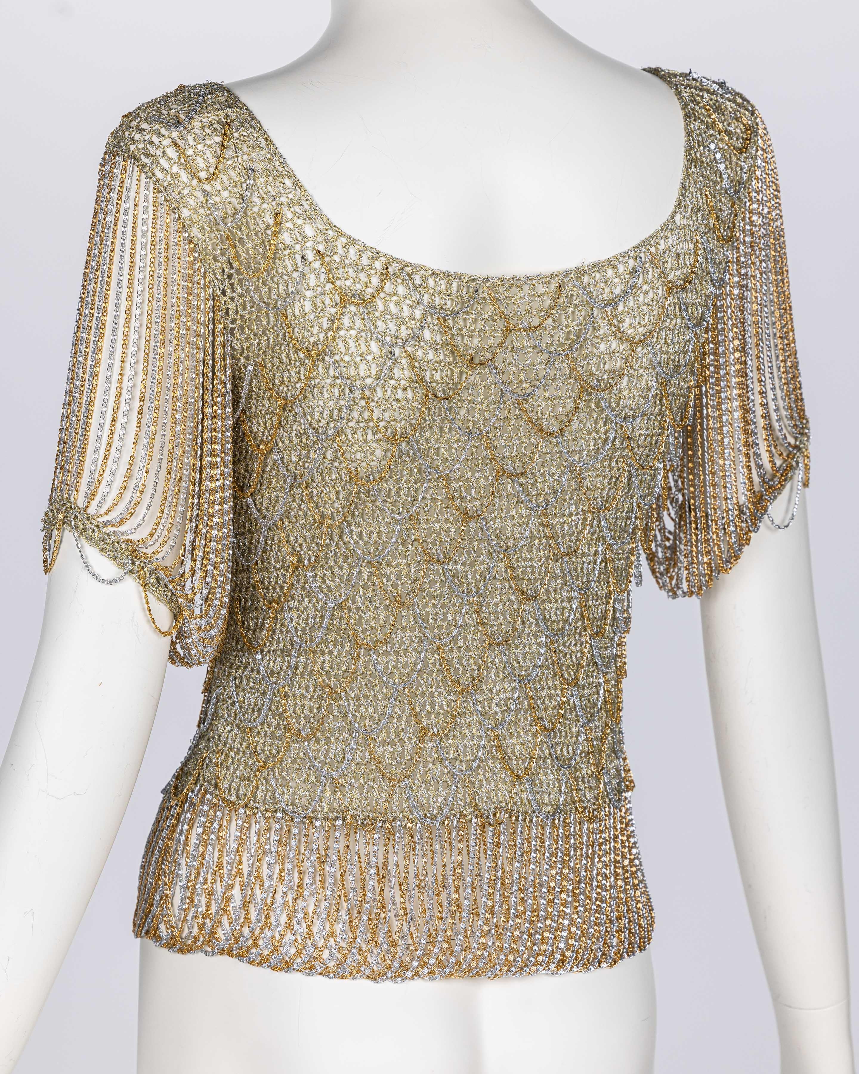 Women's Loris Azzaro Gold Silver Crochet chain Top, 1970s For Sale