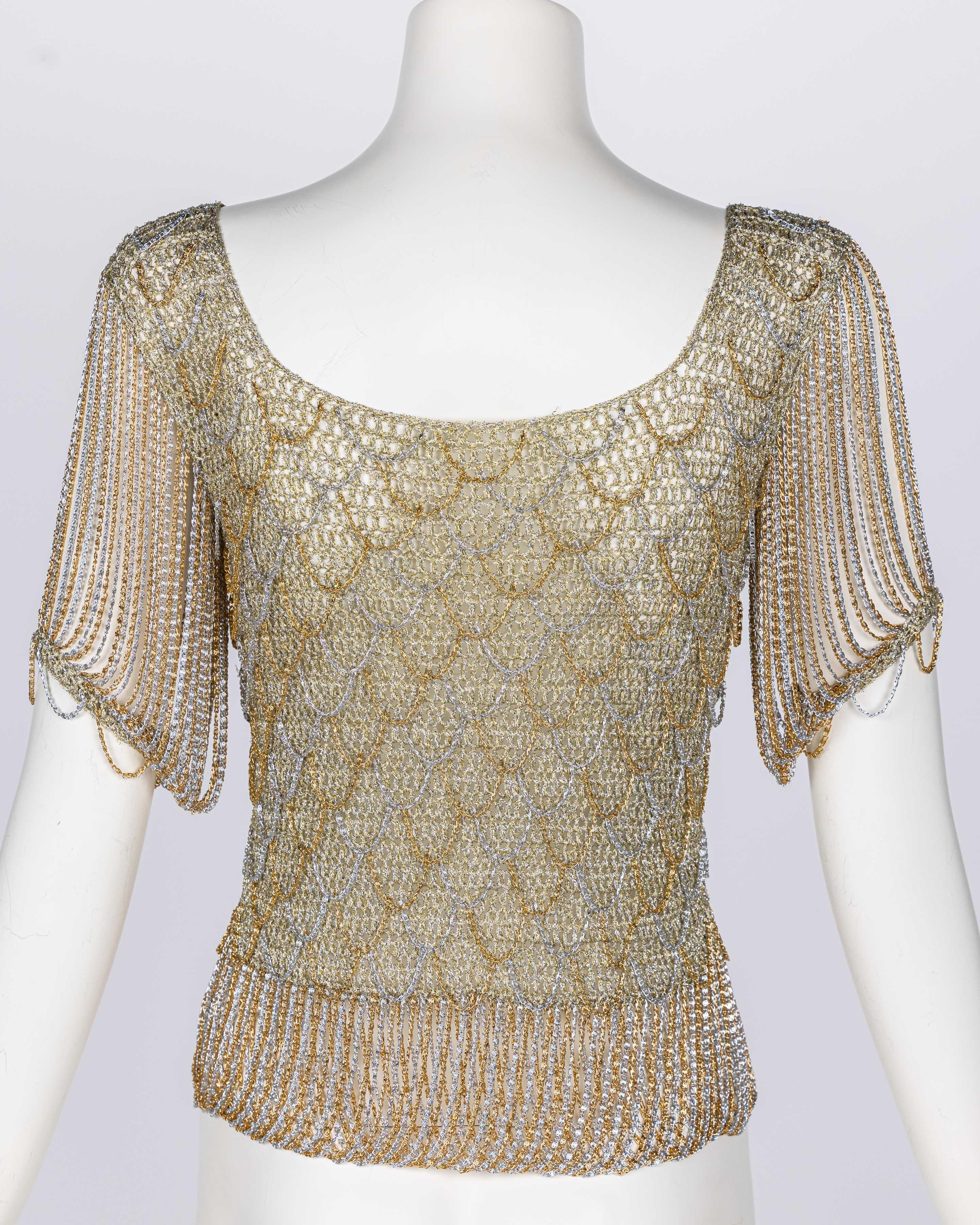 Loris Azzaro Gold Silver Crochet chain Top, 1970s For Sale 1
