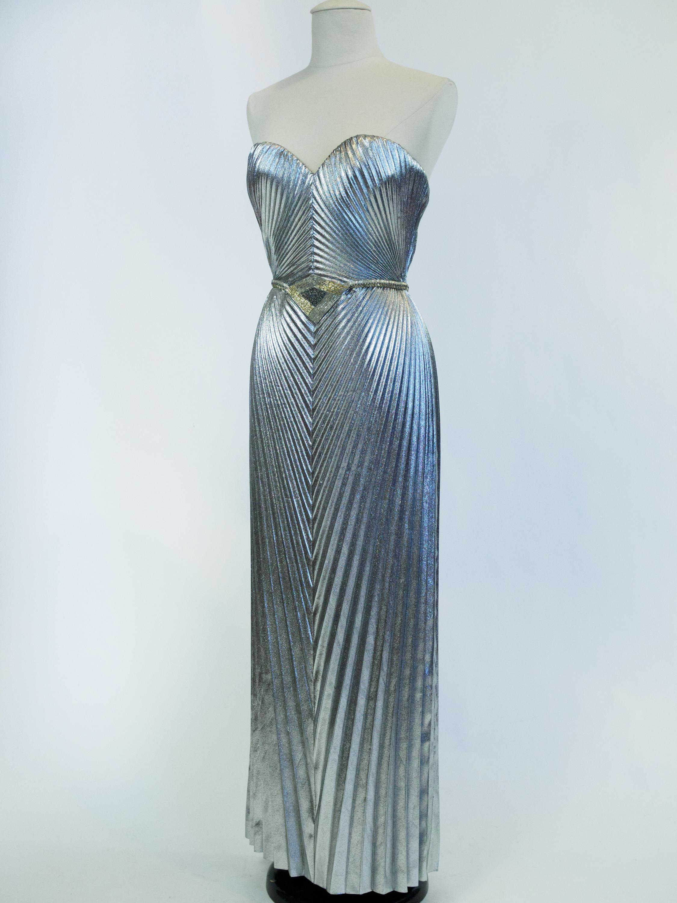 Loris Azzaro Haute Couture evening dress in silver lamé Circa 1980 4