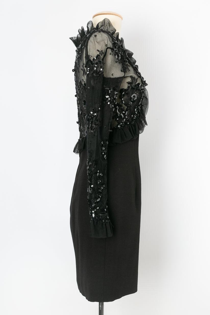 Loris Azzaro Knee-Length Black Jersey and Lace Dress In Excellent Condition For Sale In SAINT-OUEN-SUR-SEINE, FR