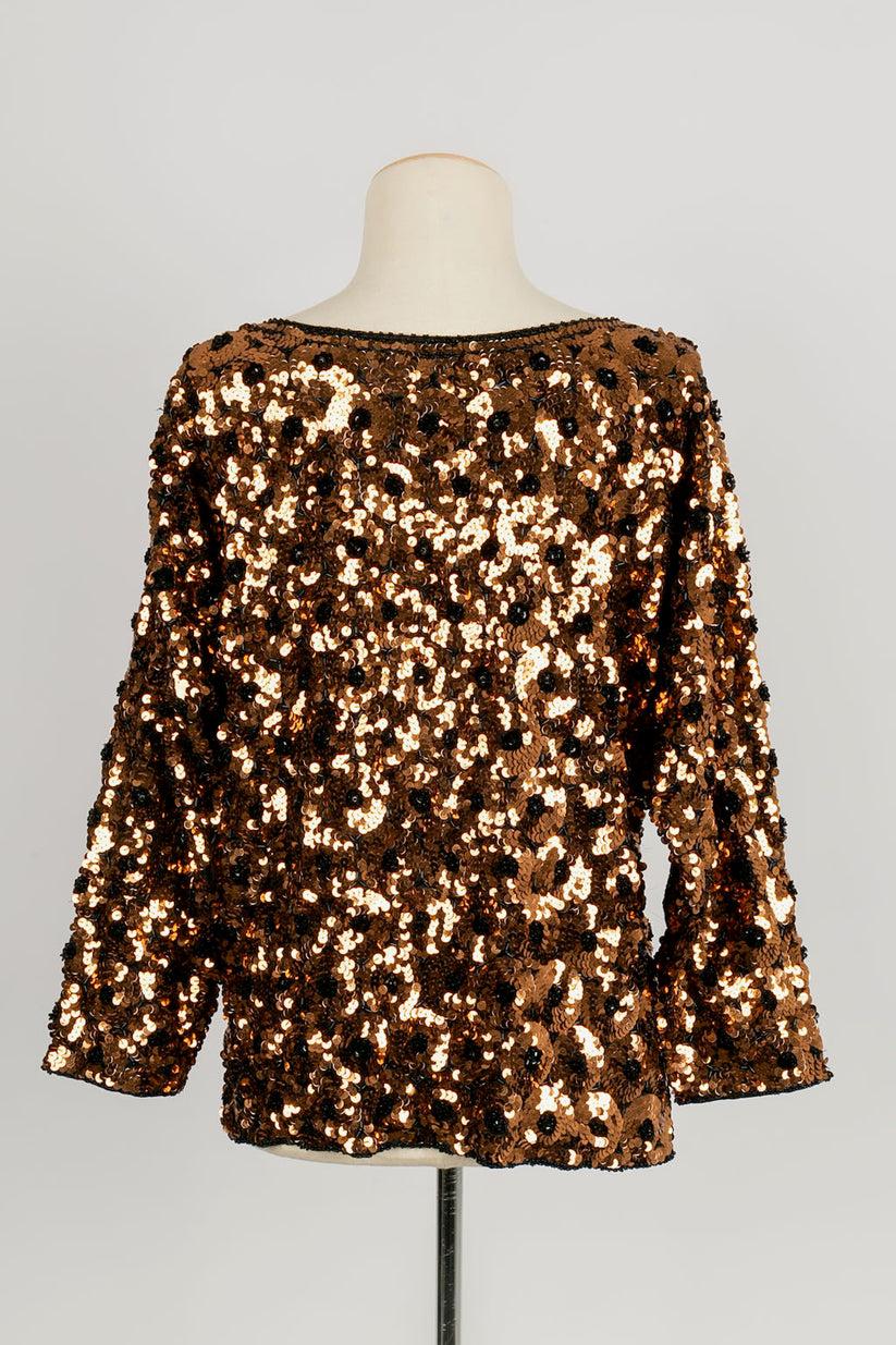 Loris Azzaro Long Sleeve Top in Black Silk, Embroidered with Sequins and Beads In Excellent Condition For Sale In SAINT-OUEN-SUR-SEINE, FR