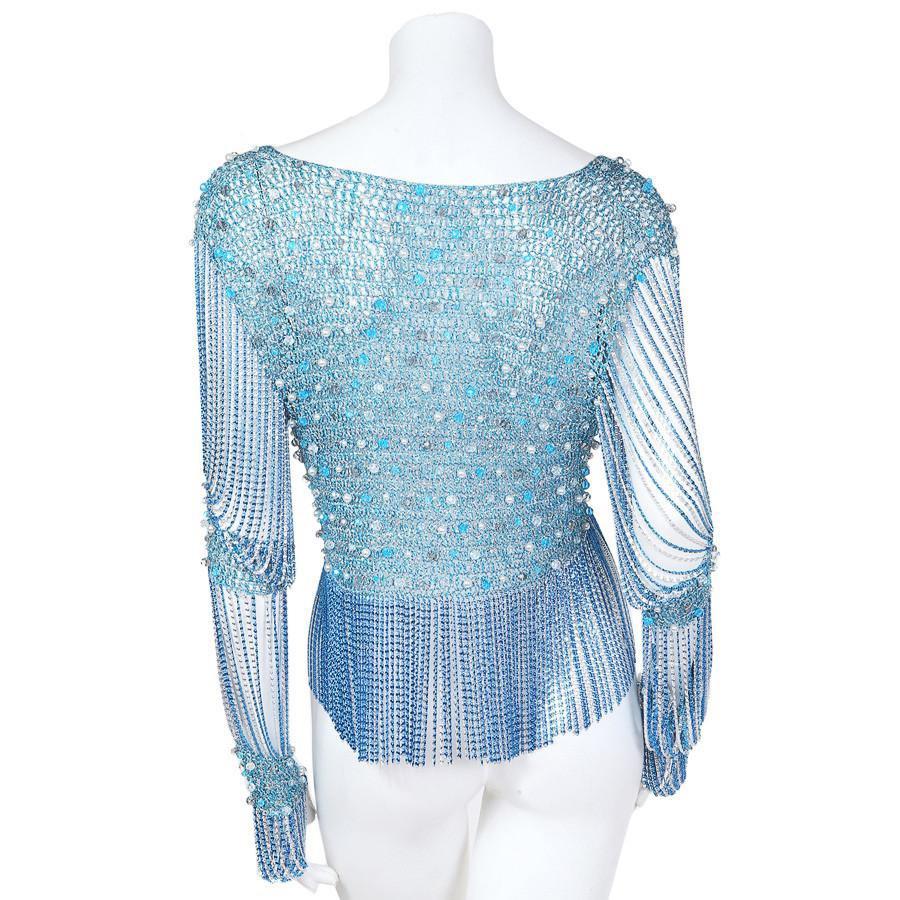 Blue Loris Azzaro Lurex knit cardigan with chainmail sleeves and trim C. early 1970’s