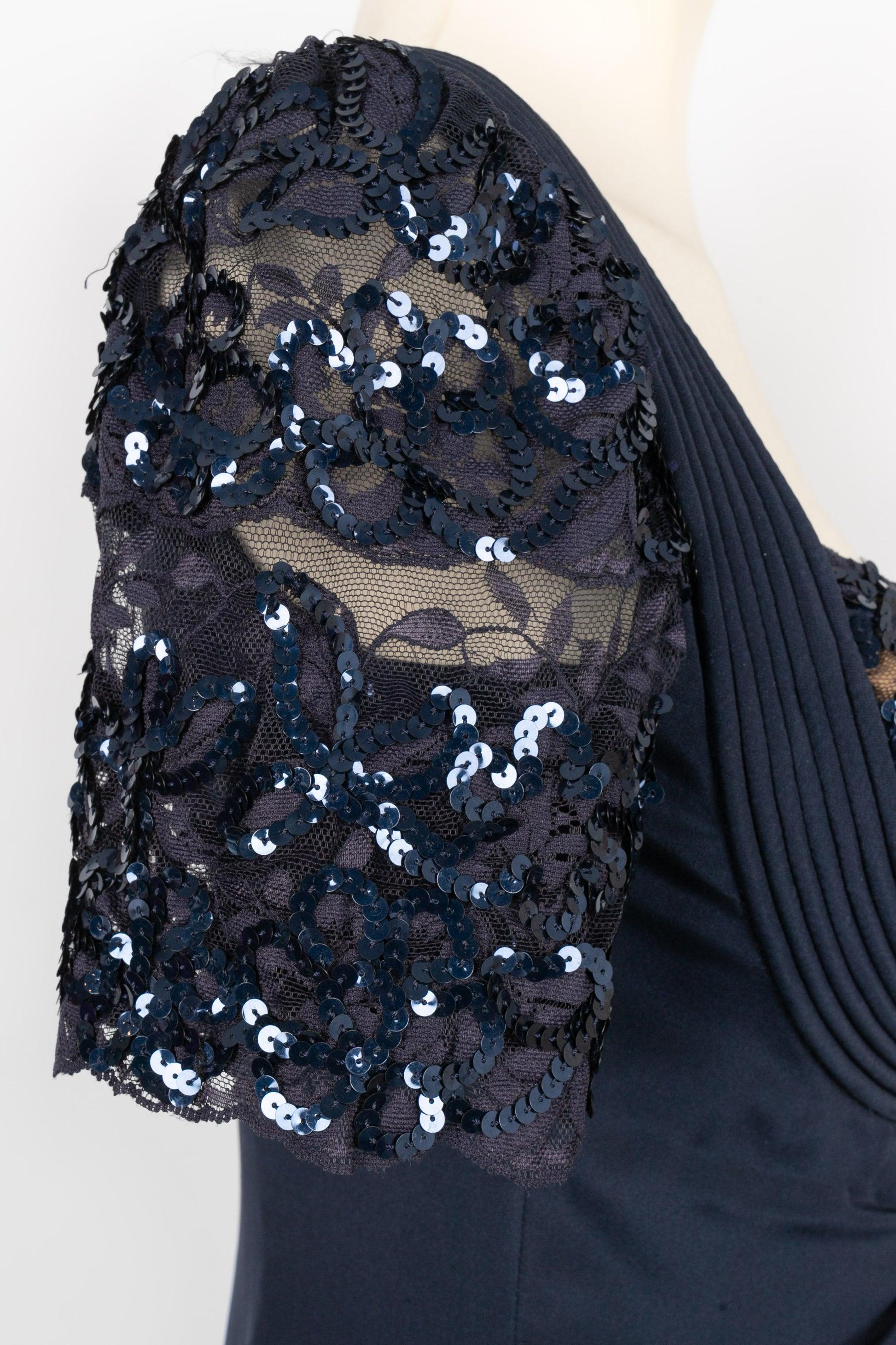 Loris Azzaro Midnight Blue Evening Dress in Taffeta, Lace and Sequins For Sale 1