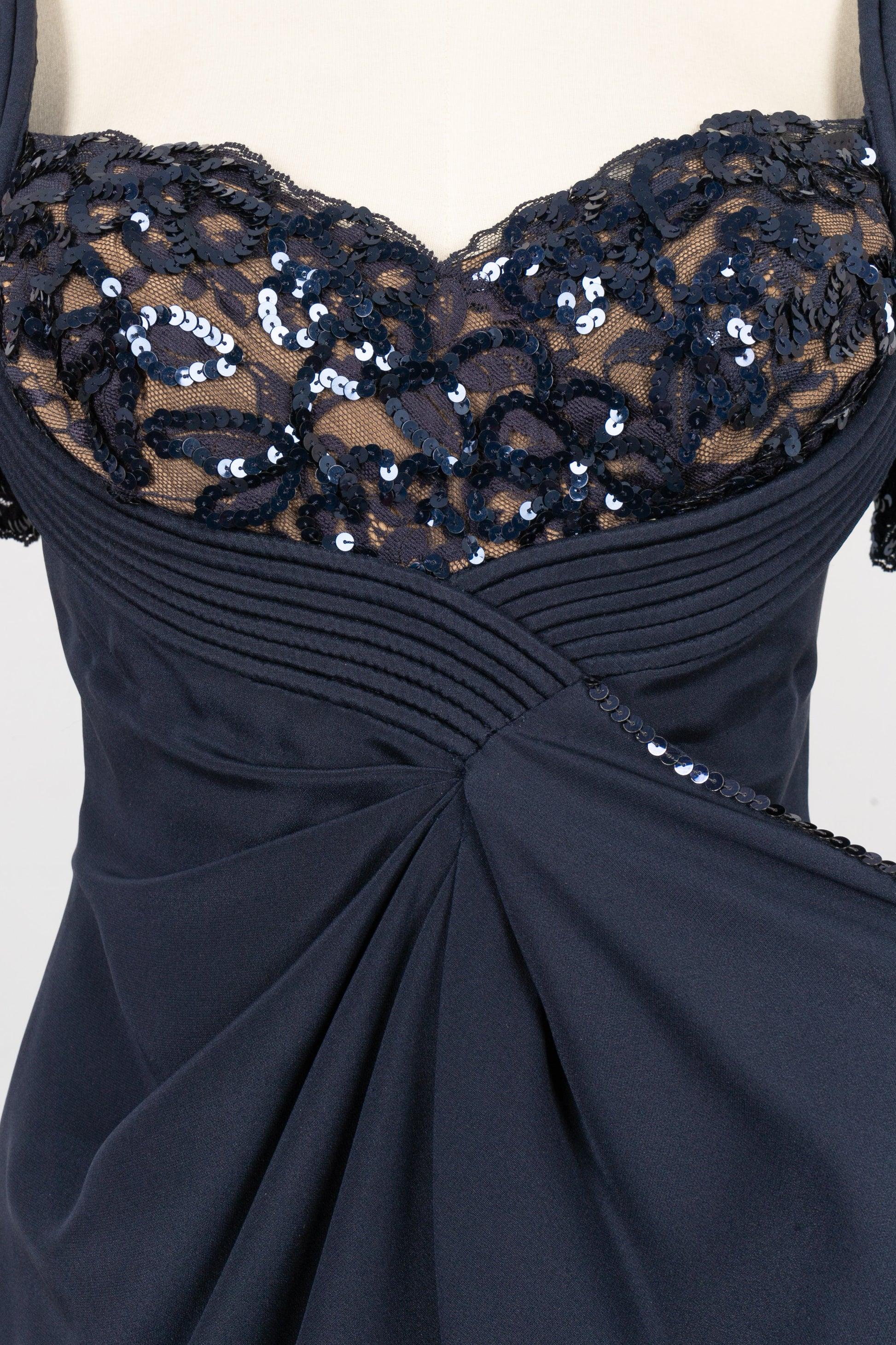 Loris Azzaro Midnight Blue Evening Dress in Taffeta, Lace and Sequins For Sale 4