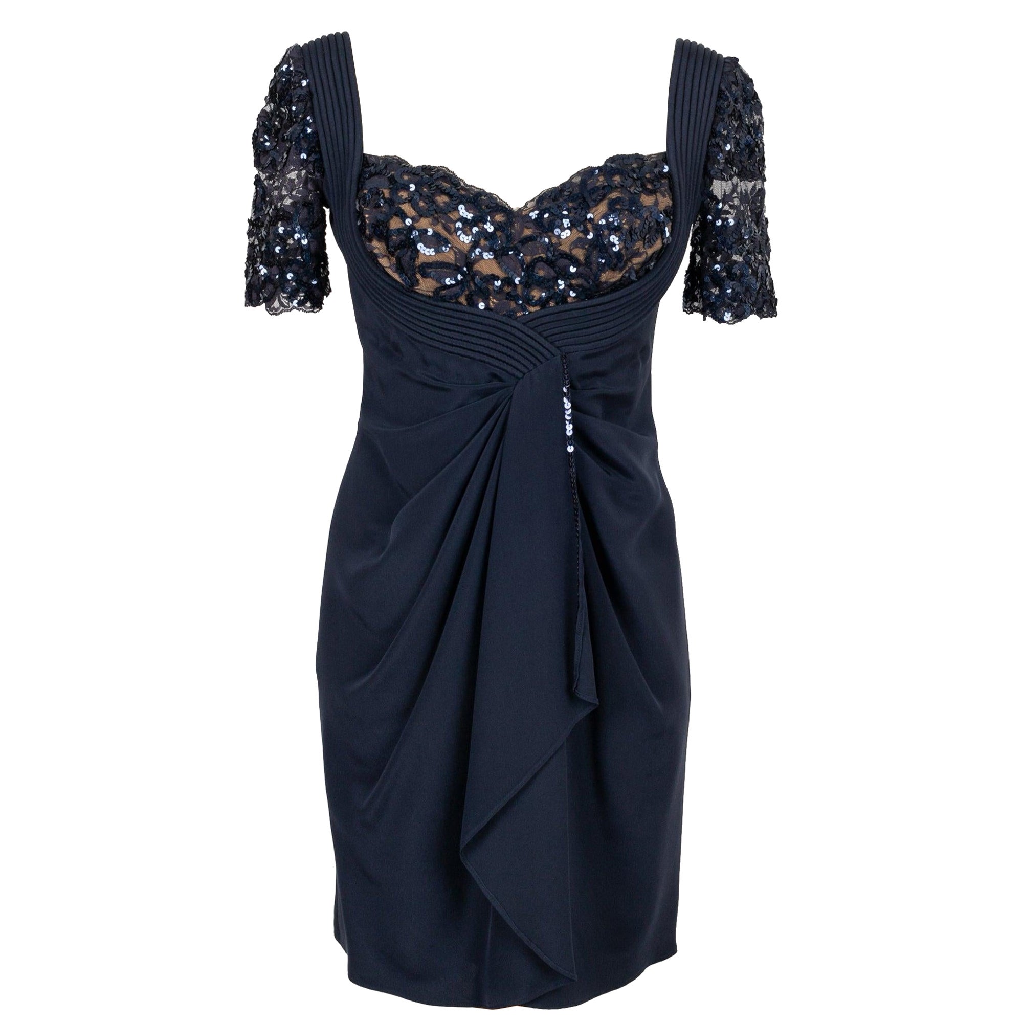 Loris Azzaro, robe de soirée bleu nuit en taffetas, dentelle et paillettes en vente