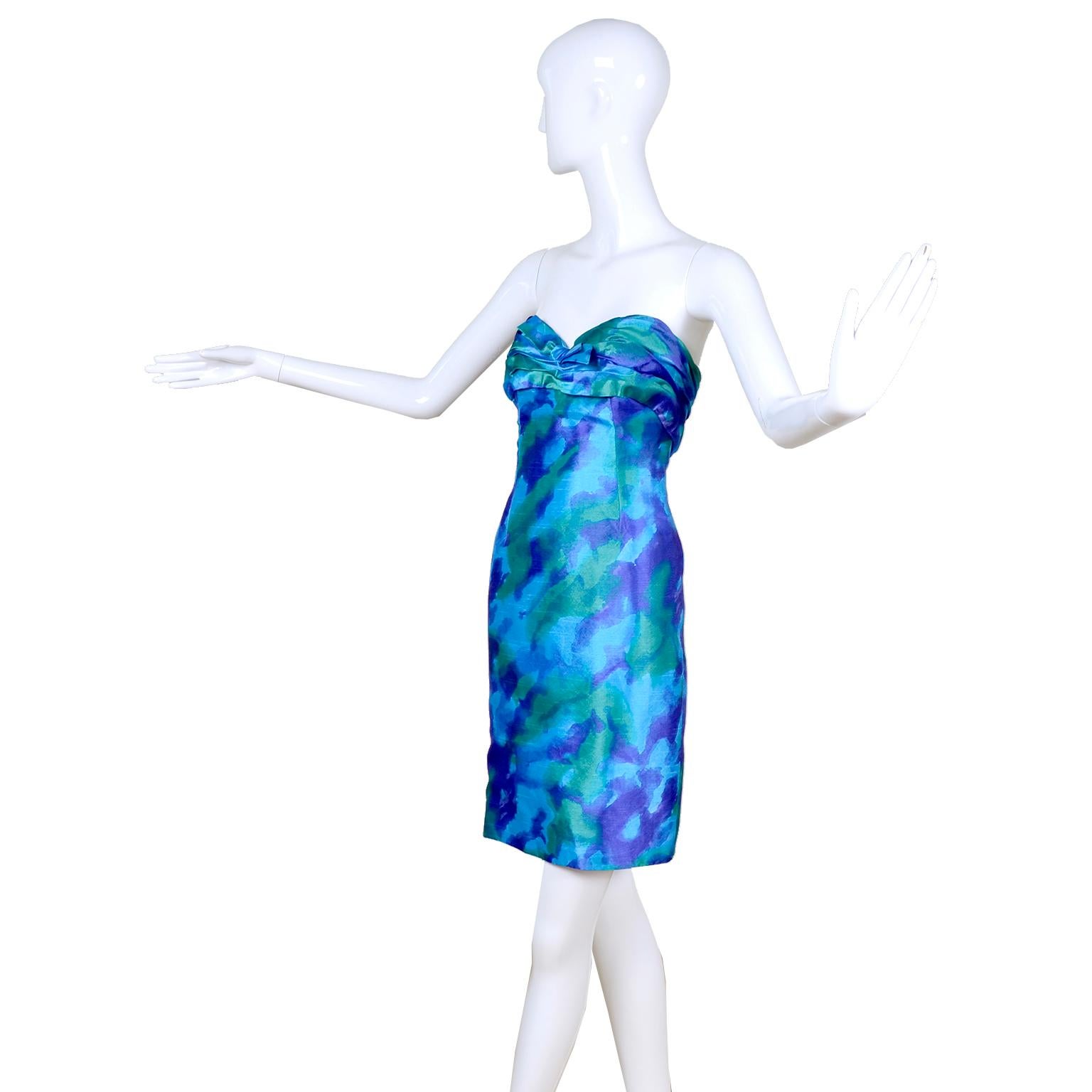 Loris Azzaro Paris Blue & Green Watercolor Silk Strapless Vintage Dress In Excellent Condition For Sale In Portland, OR