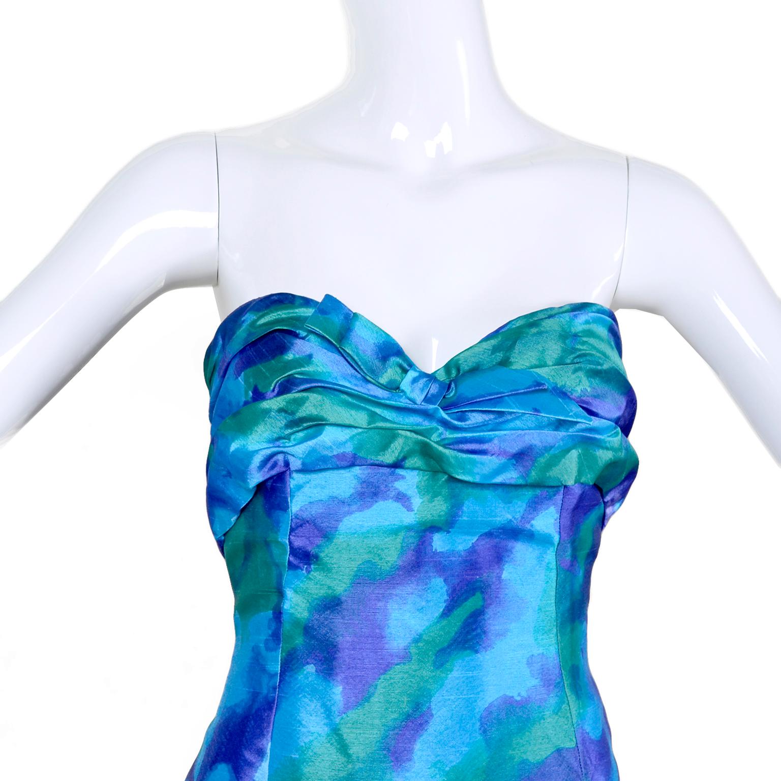 Loris Azzaro Paris Blue & Green Watercolor Silk Strapless Vintage Dress For Sale 2