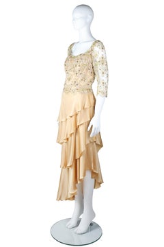 LORIS AZZARO PARIS Champagne Silk Beaded Lace Evening Gown, circa 1983–1986