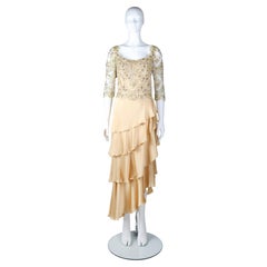 LORIS AZZARO PARIS Champagne Silk Beaded Lace Evening Gown, circa 1983–1986