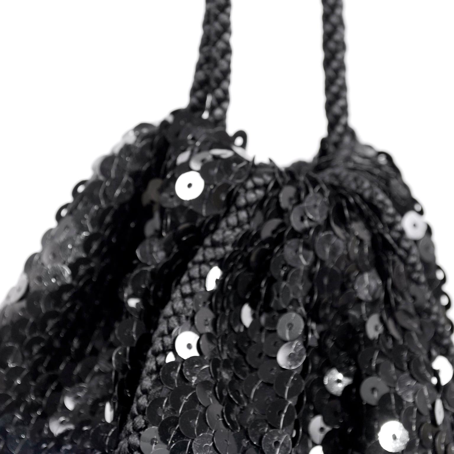 Loris Azzaro Paris Vintage Black Sequin Evening Bag W Fringe Tassels In Excellent Condition For Sale In Portland, OR