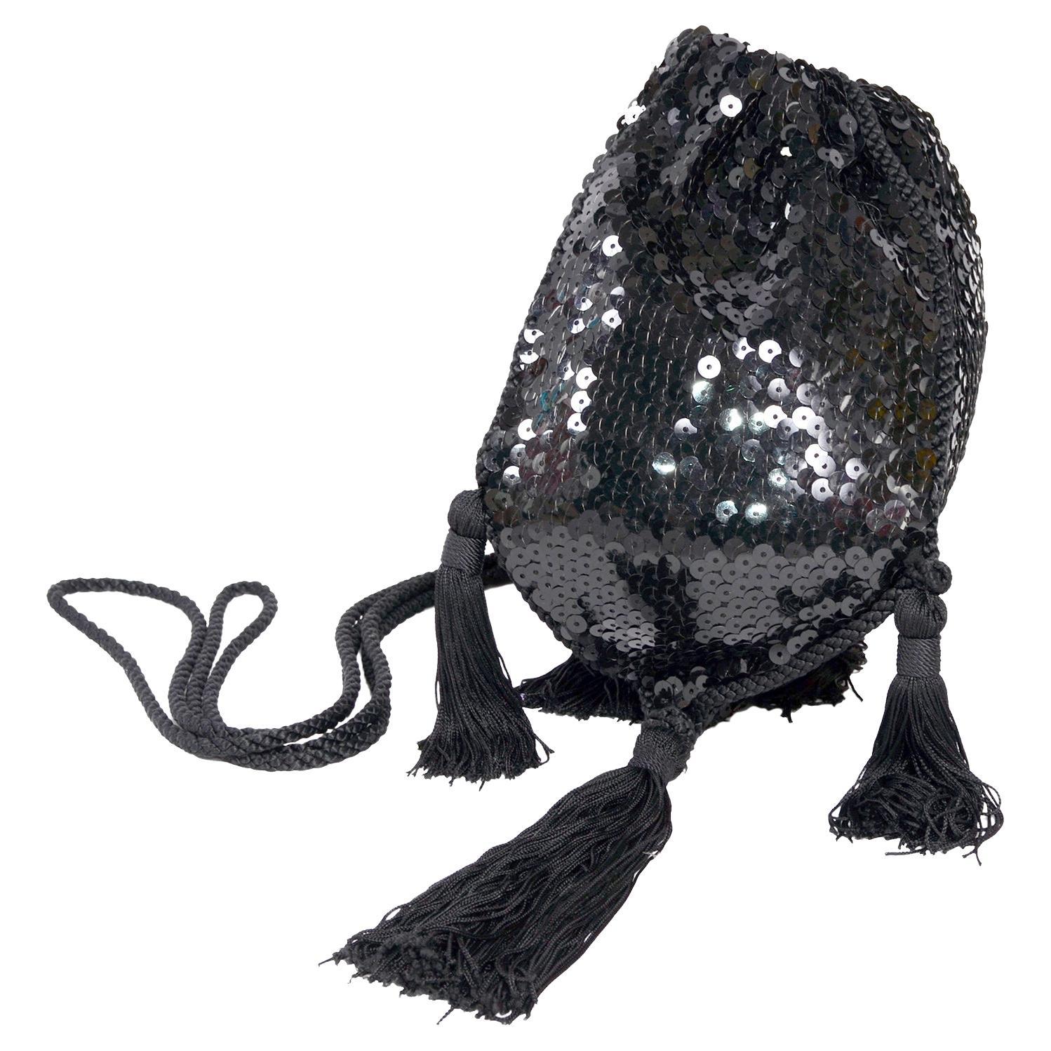Loris Azzaro Paris Vintage Black Sequin Evening Bag W Fringe Tassels For Sale