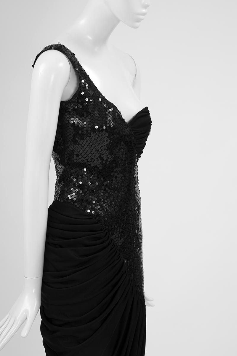 Black Loris Azzaro Sequined One-Shoulder Evening Dress  For Sale