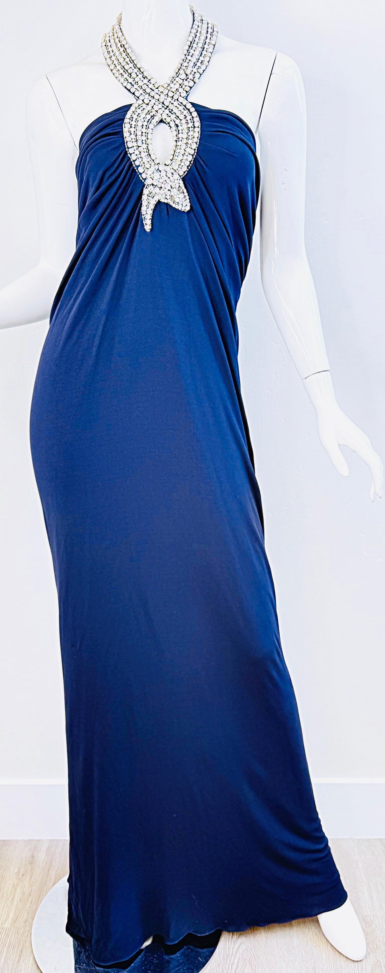 Loris Azzaro Spring 2008 Size 46 ( 12 ) Navy Blue Jersey Rhinestone Halter Gown