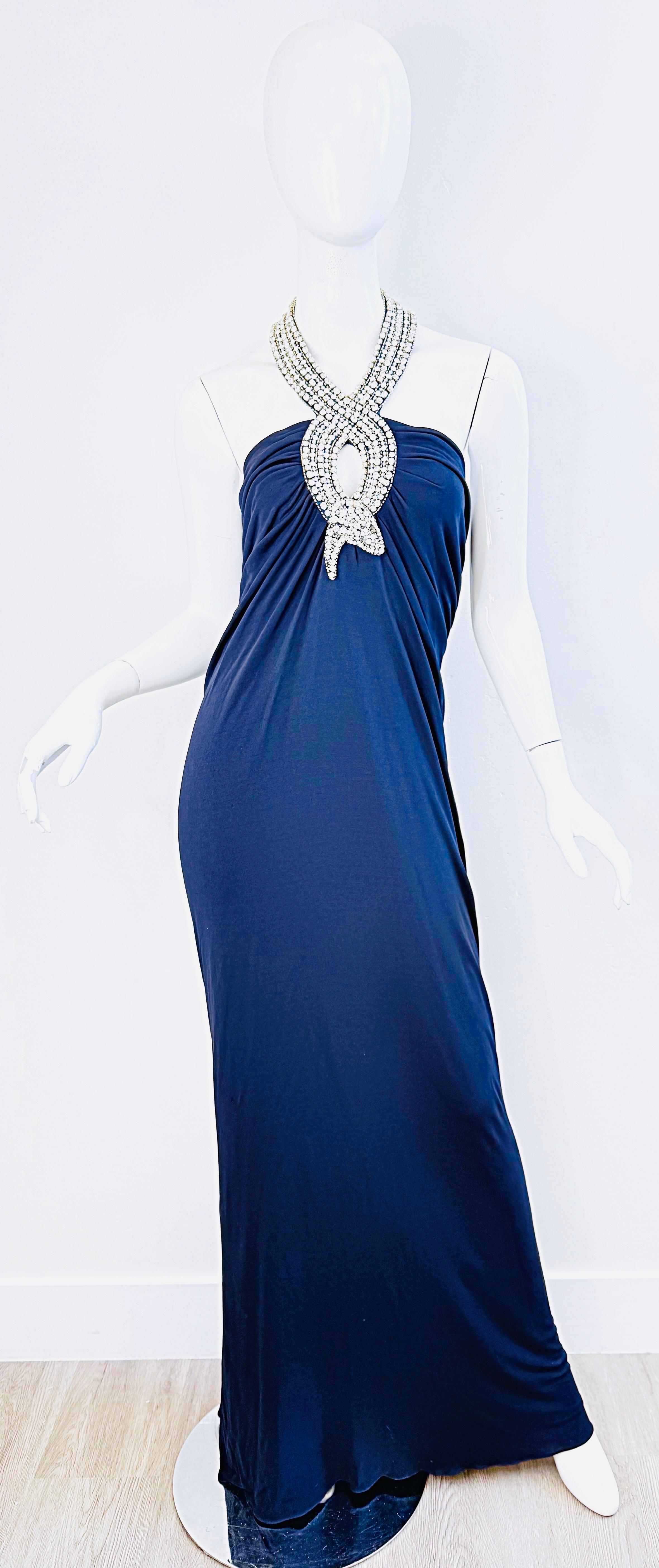 Loris Azzaro Primavera 2008 Talla 46 ( 12 ) Vestido halter de punto azul marino con pedrería en venta 11