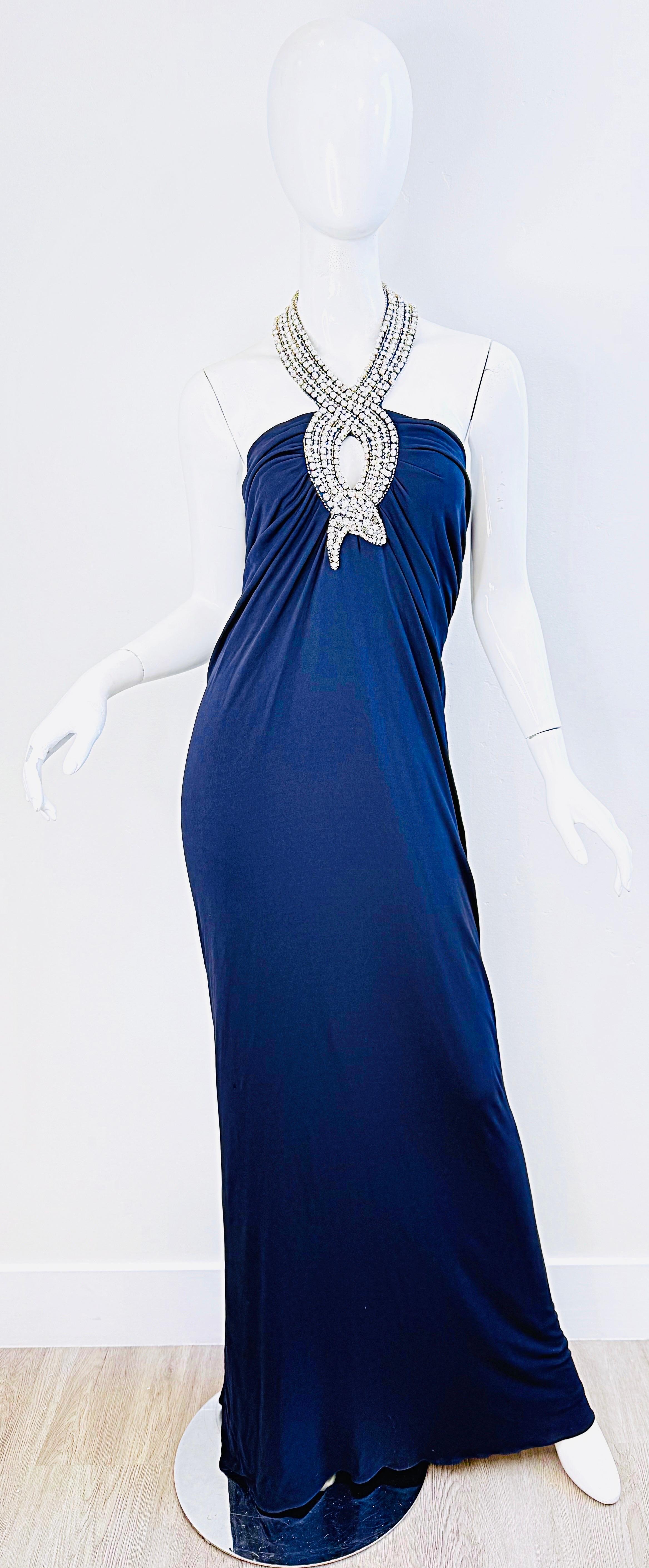 Loris Azzaro Primavera 2008 Talla 46 ( 12 ) Vestido halter de punto azul marino con pedrería Azul en venta