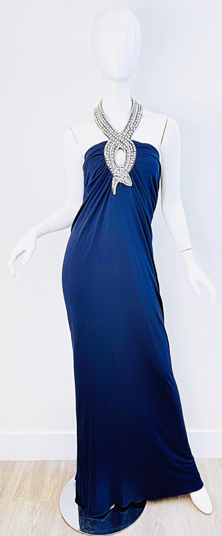 Loris Azzaro Spring 2008 Size 46 ( 12 ) Navy Blue Jersey Rhinestone Halter Gown Loris Azzaro Spring 2008 Size 46 ( 12 ) Navy Blue Jersey Rhinestone Halter Gown