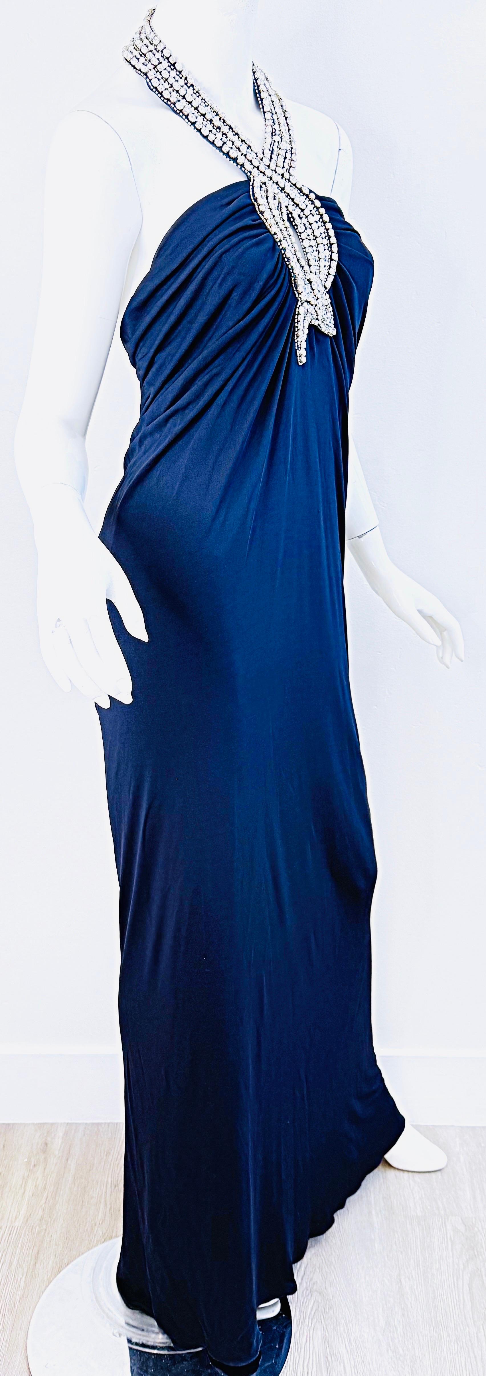Loris Azzaro Primavera 2008 Talla 46 ( 12 ) Vestido halter de punto azul marino con pedrería en venta 1