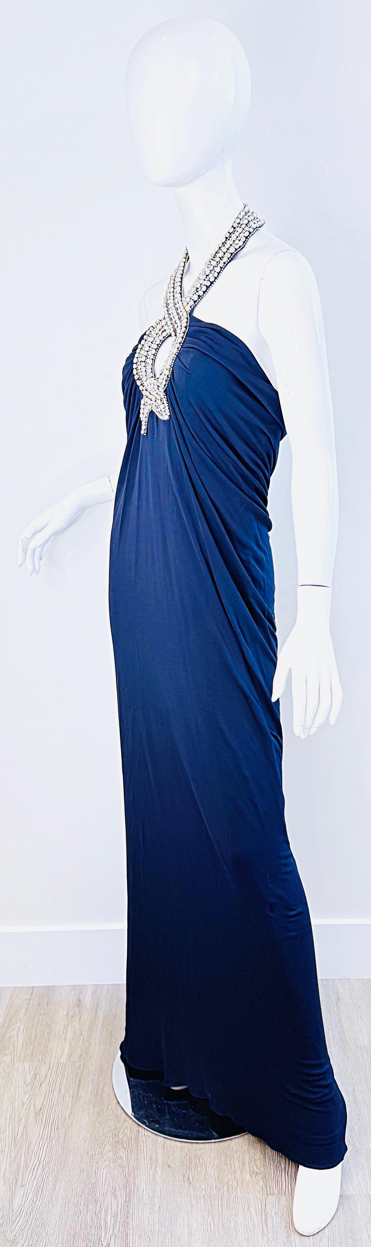 Loris Azzaro Primavera 2008 Talla 46 ( 12 ) Vestido halter de punto azul marino con pedrería en venta 2