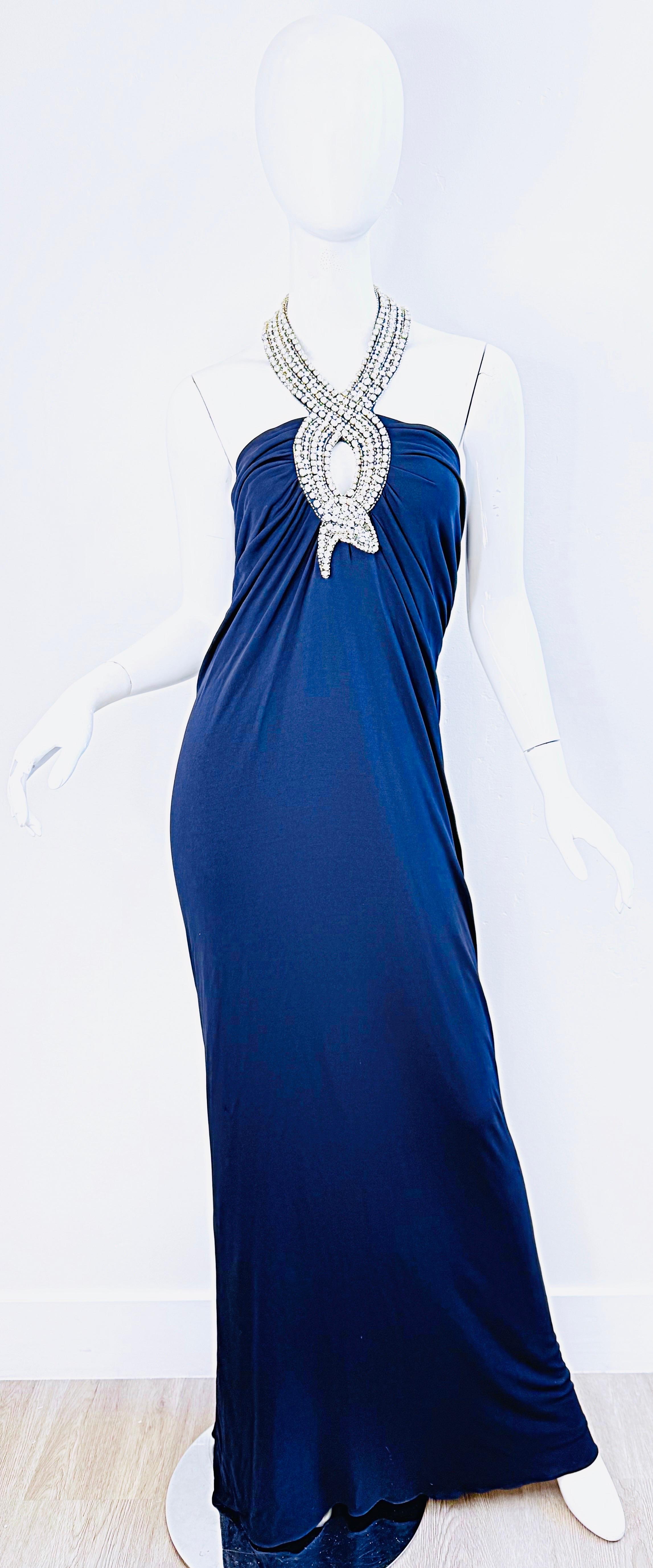 Loris Azzaro Primavera 2008 Talla 46 ( 12 ) Vestido halter de punto azul marino con pedrería en venta 4