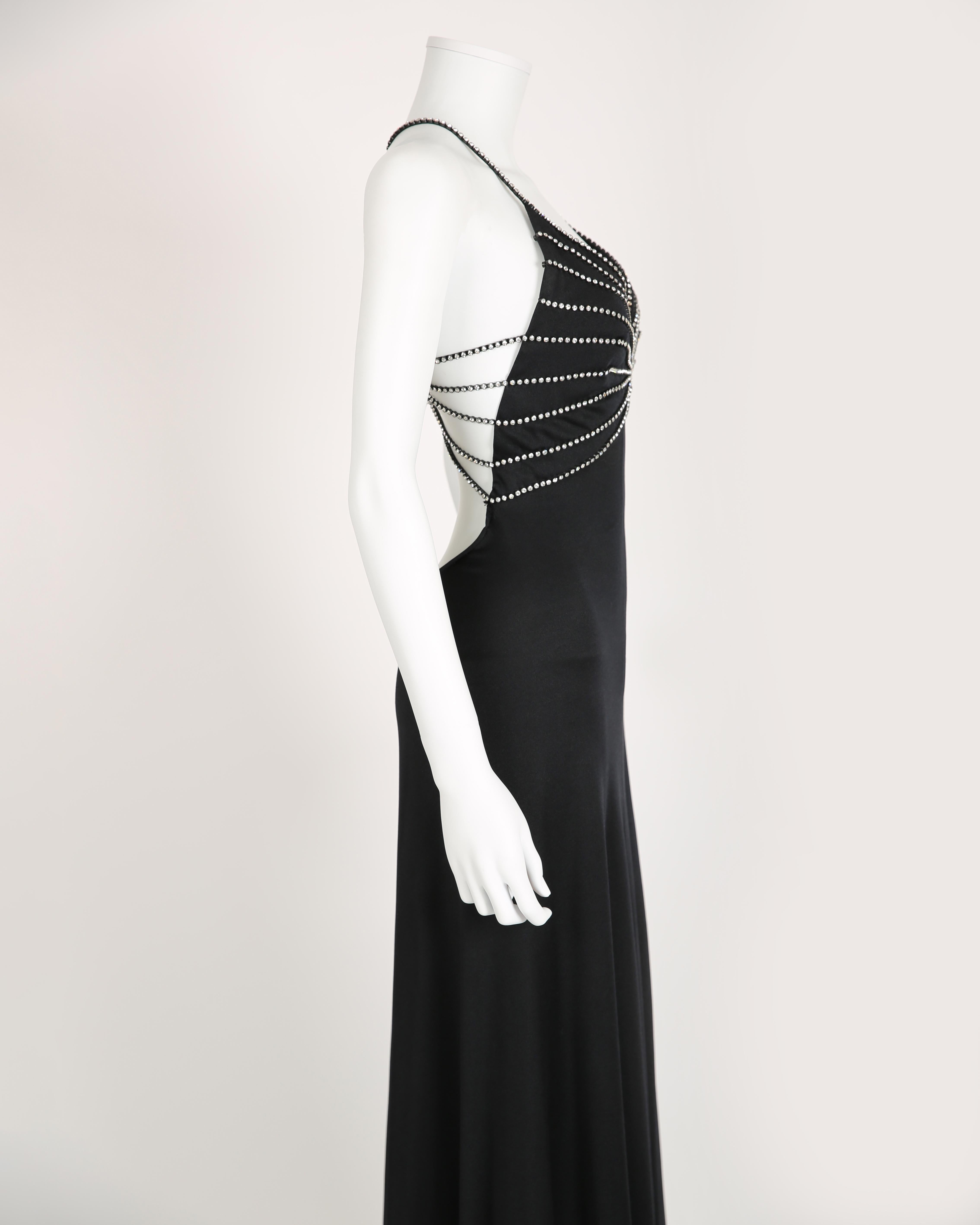 Loris Azzaro vintage 1974 black crystal backless embellished cut out maxi dress 4