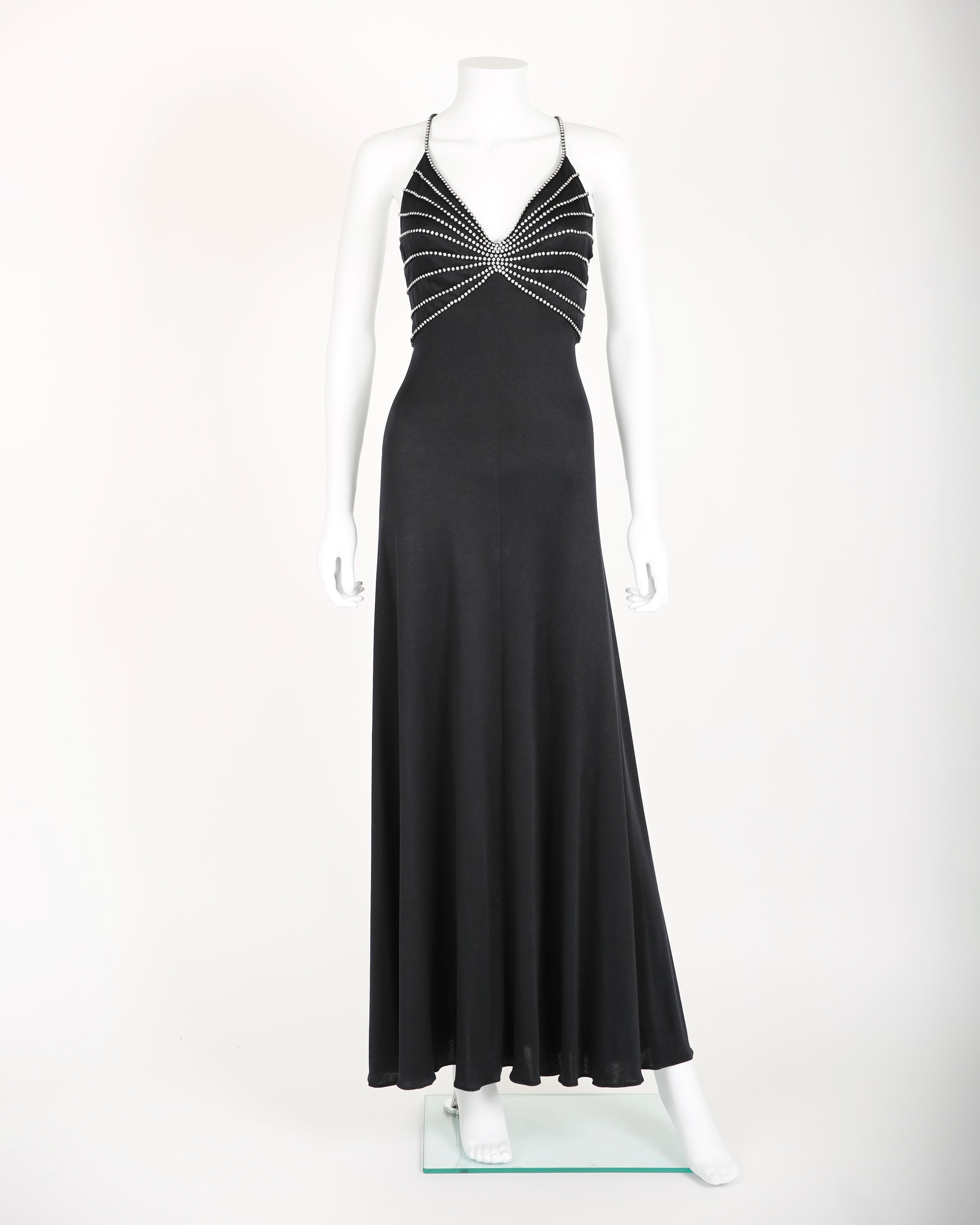 Black Loris Azzaro vintage 1974 black crystal backless embellished cut out maxi dress