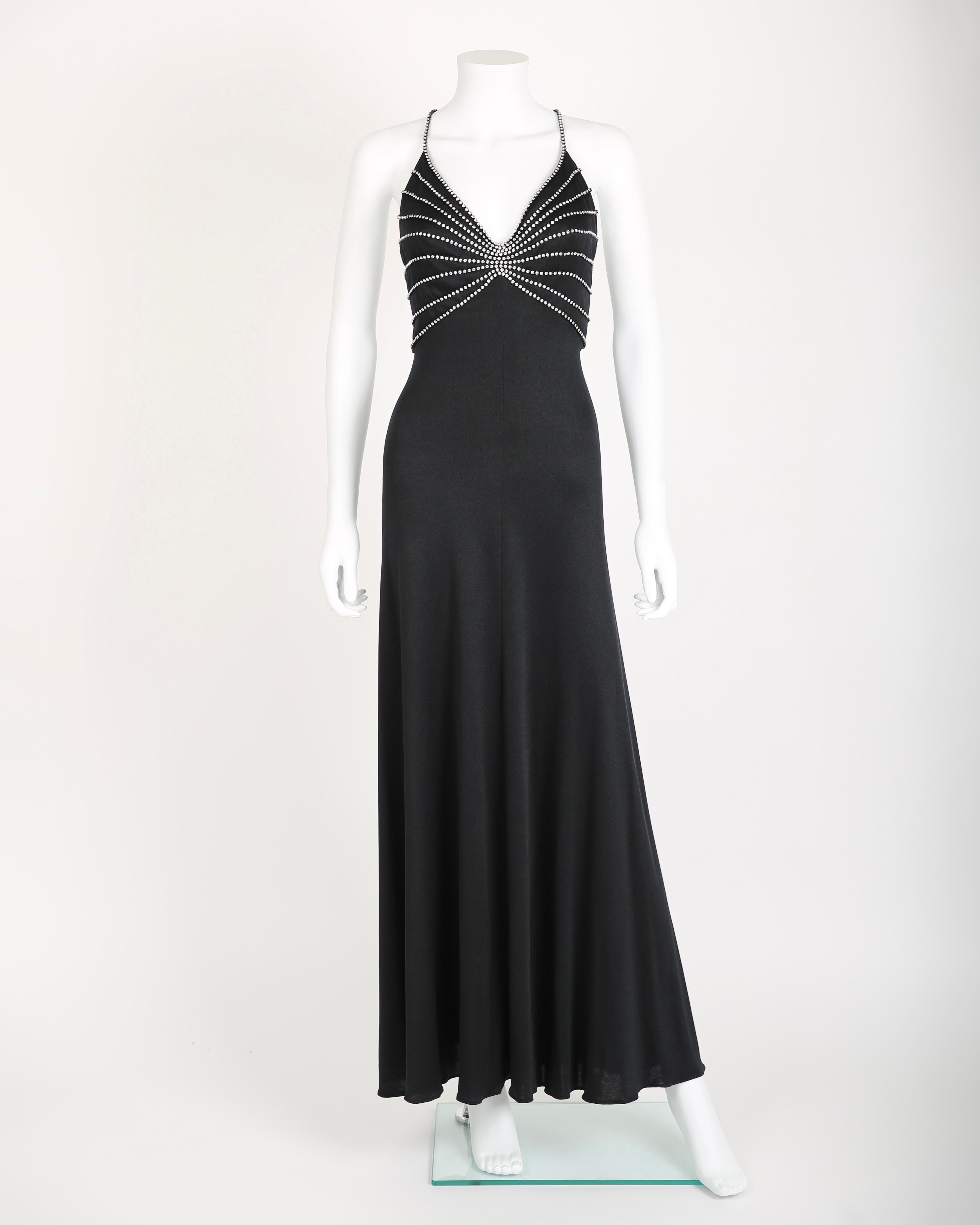 Loris Azzaro vintage 1974 black crystal backless embellished cut out maxi dress In Excellent Condition In Paris, FR