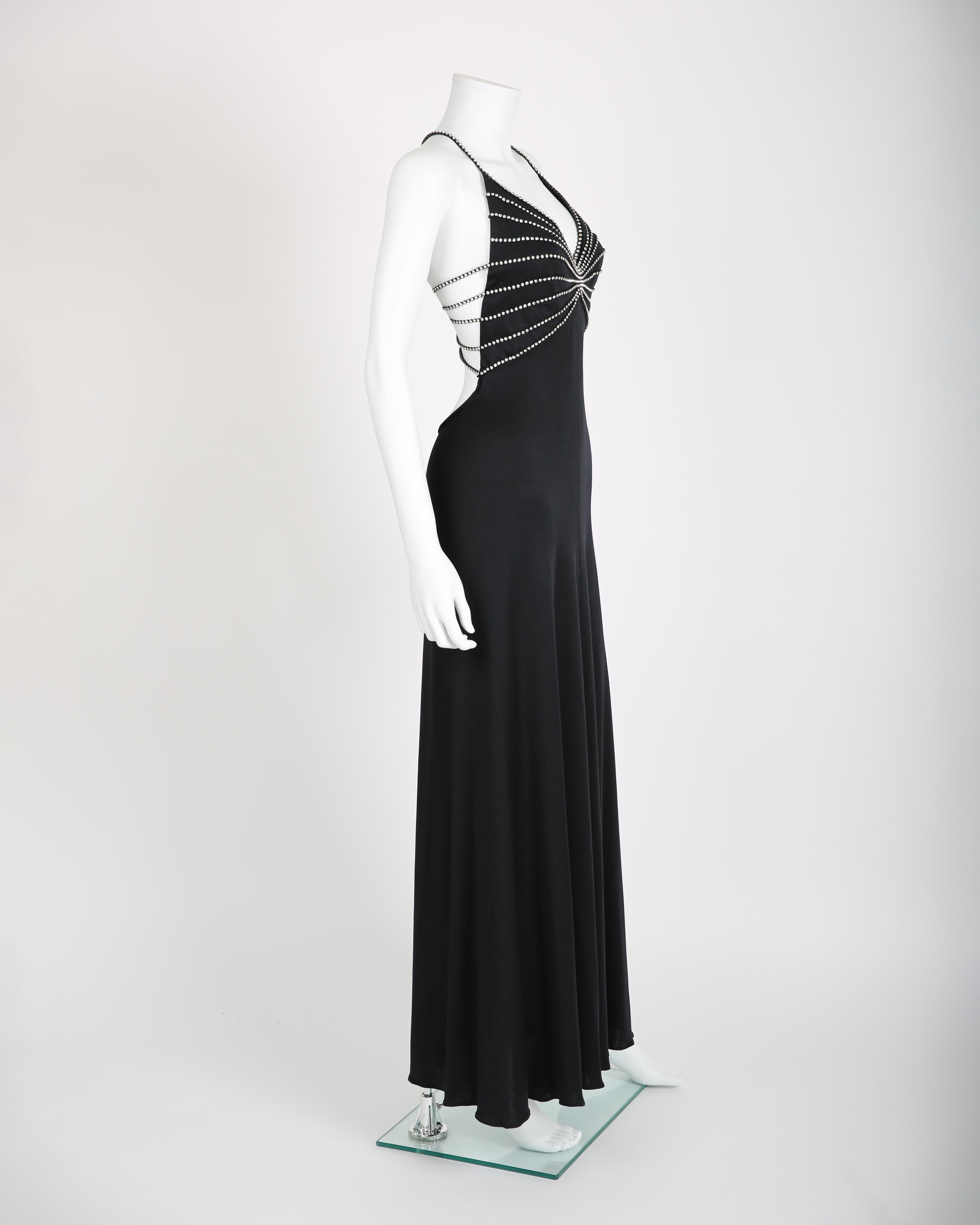 Women's Loris Azzaro vintage 1974 black crystal backless embellished cut out maxi dress