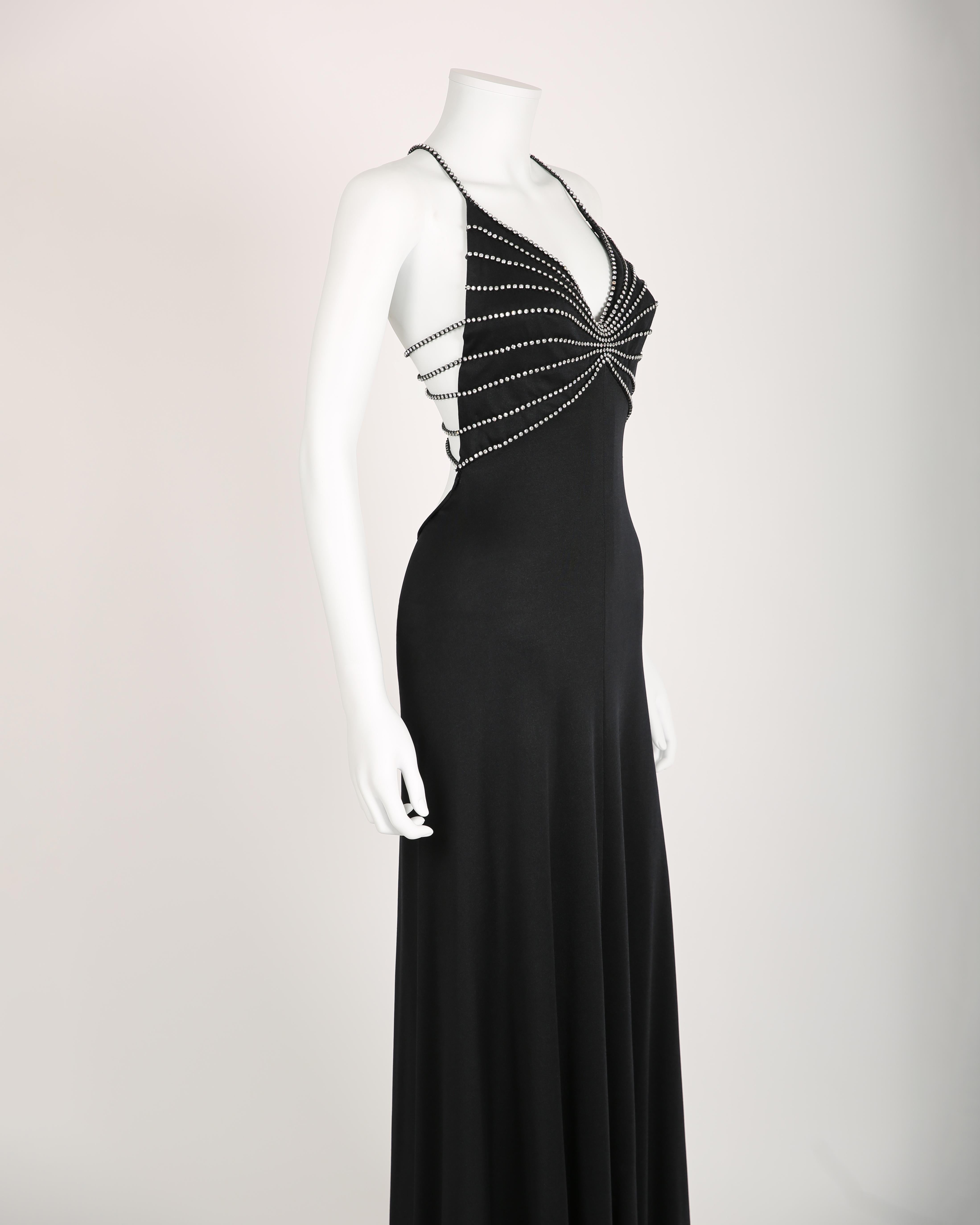 Loris Azzaro vintage 1974 black crystal backless embellished cut out maxi dress 1