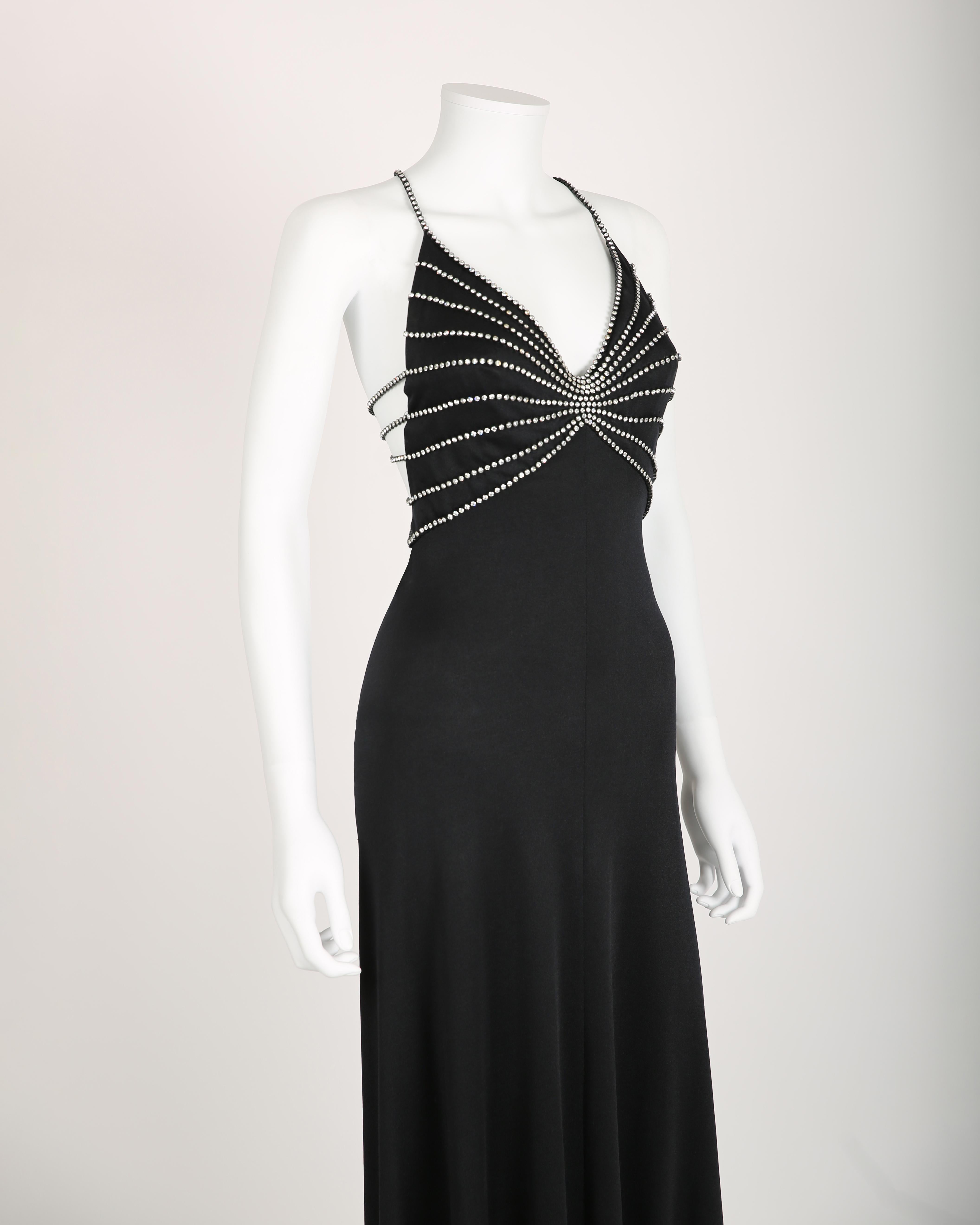 Loris Azzaro vintage 1974 black crystal backless embellished cut out maxi dress 2