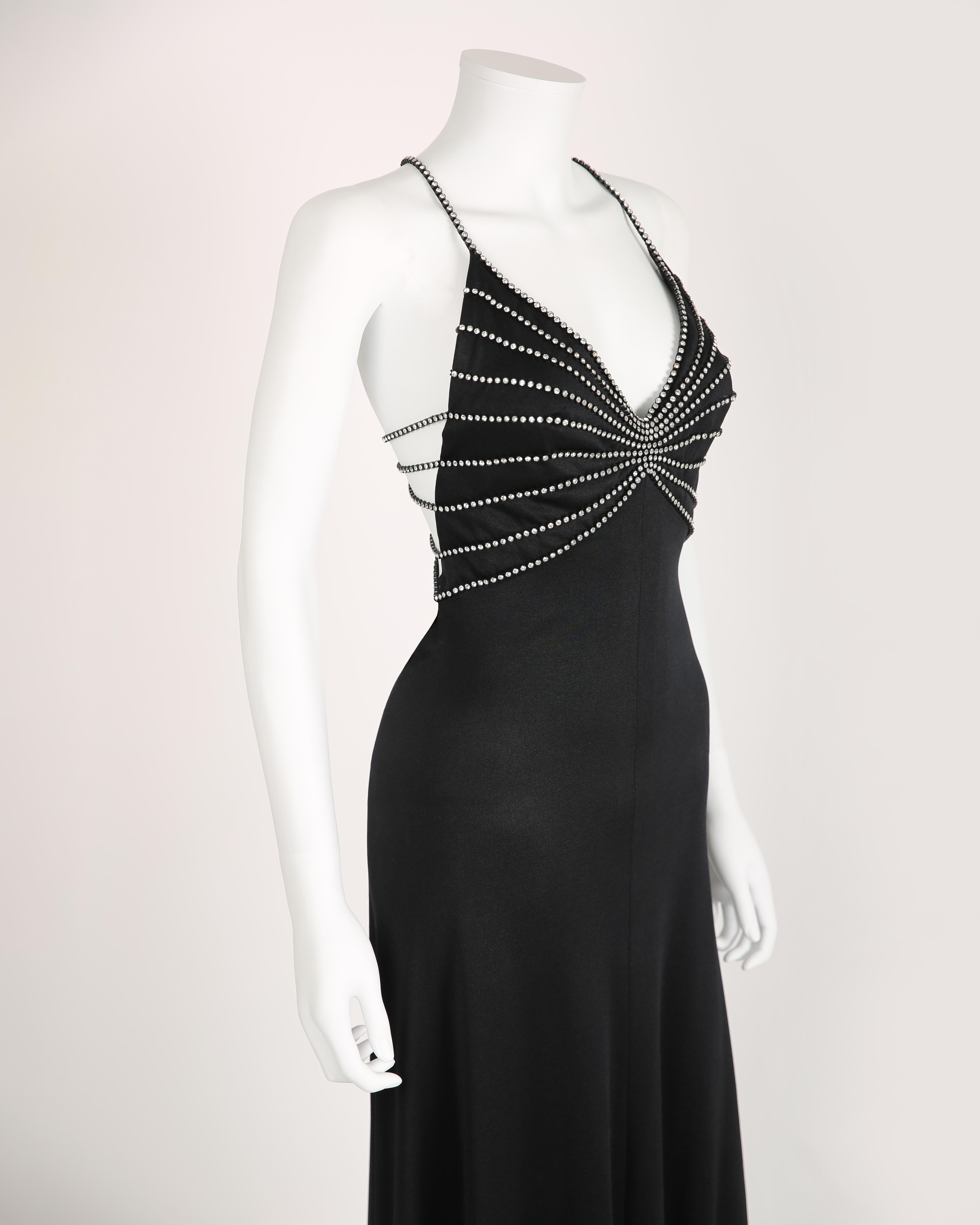 Loris Azzaro vintage 1974 black crystal backless embellished cut out maxi dress 3