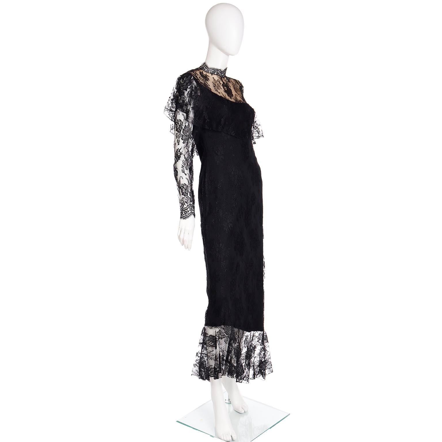 Schwarzes Vintage-Abendkleid aus Spitze von Loris Azzaro mit asymmetrischem Saum im Zustand „Hervorragend“ im Angebot in Portland, OR