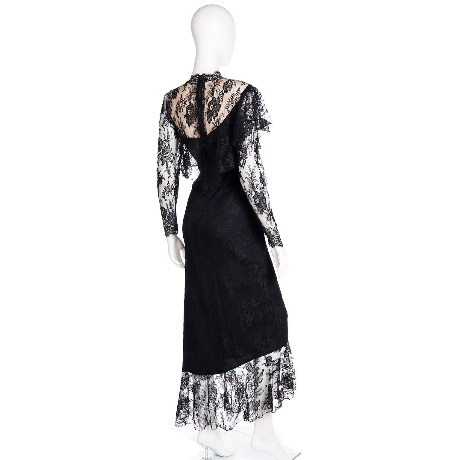 Loris Azzaro Vintage Black Lace Evening Dress w Asymmetrical Hem In Excellent Condition For Sale In Portland, OR