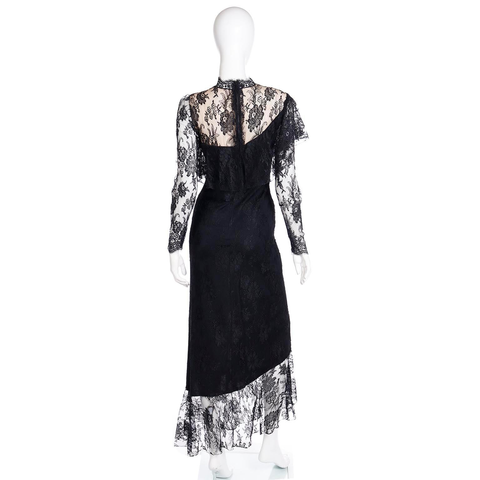 Women's Loris Azzaro Vintage Black Lace Evening Dress w Asymmetrical Hem For Sale