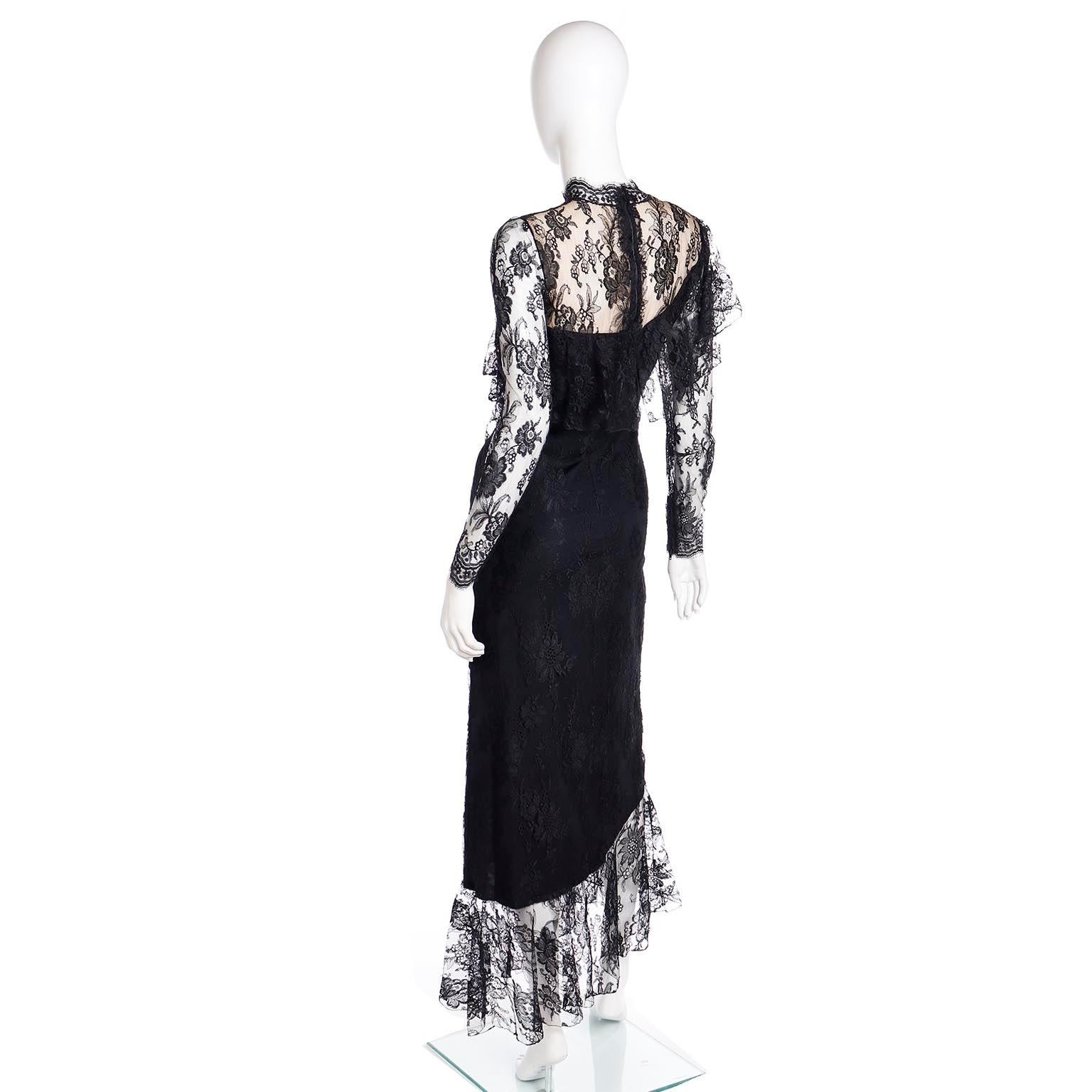 Loris Azzaro Vintage Black Lace Evening Dress w Asymmetrical Hem For Sale 1