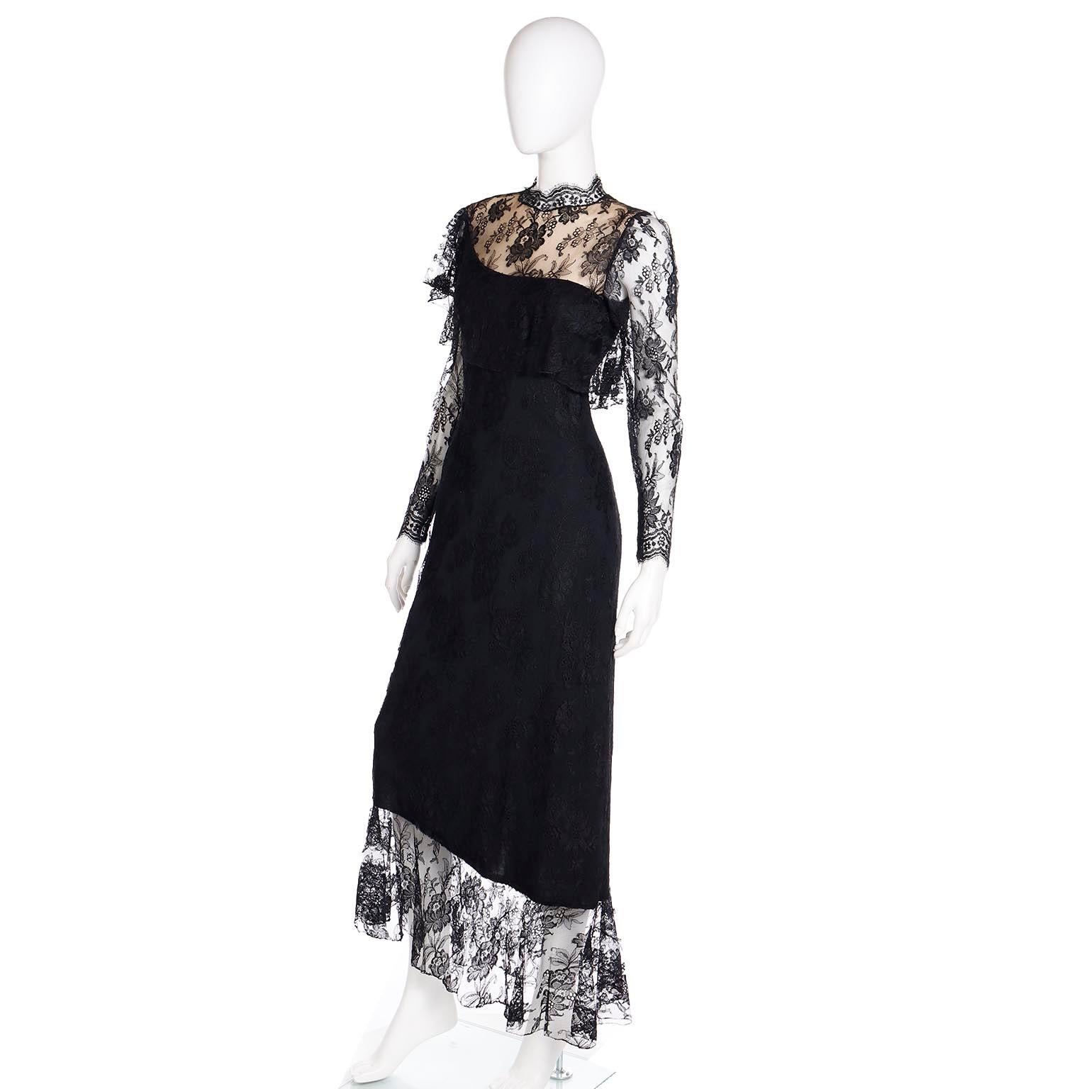 Loris Azzaro Vintage Black Lace Evening Dress w Asymmetrical Hem For Sale 2