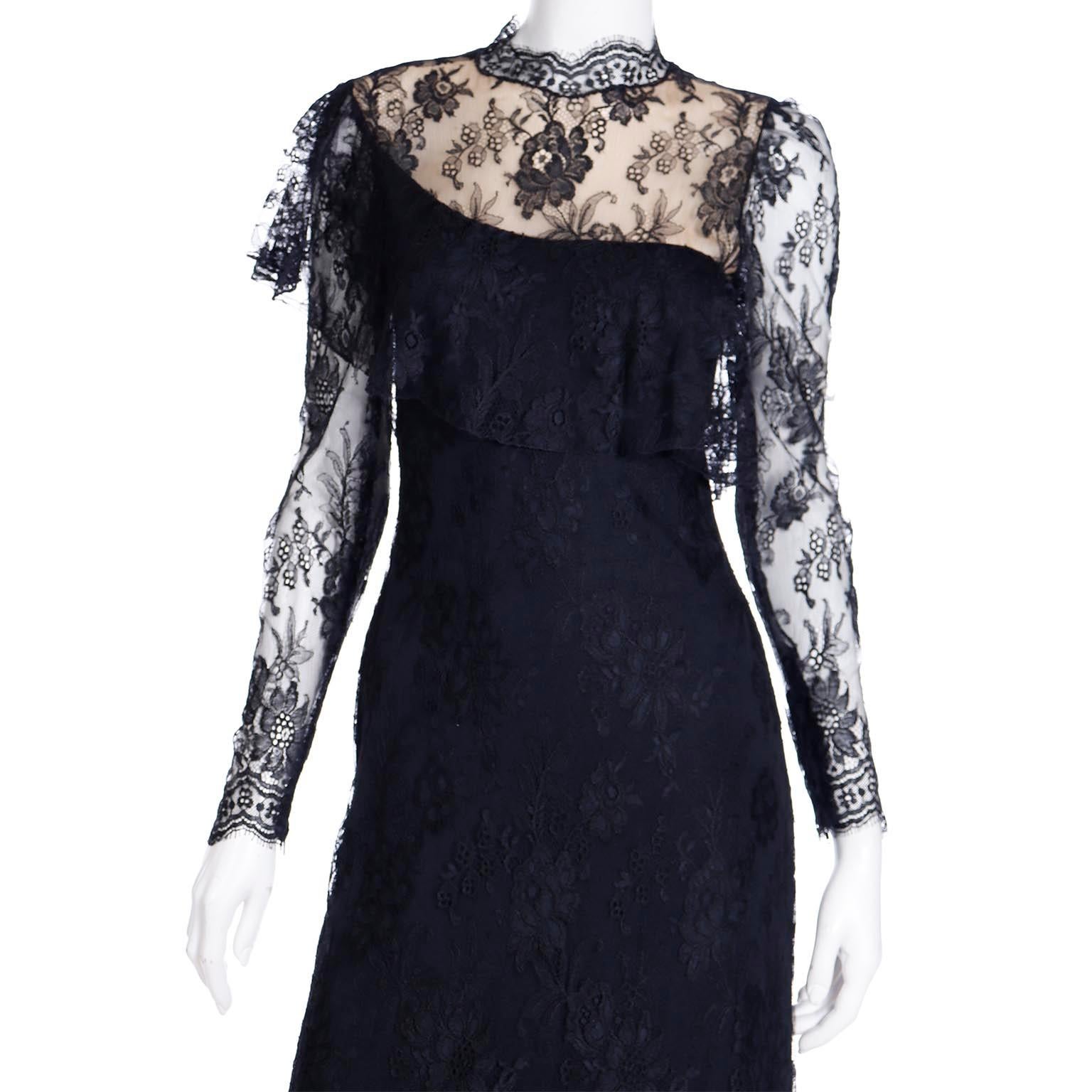Loris Azzaro Vintage Black Lace Evening Dress w Asymmetrical Hem For Sale 3