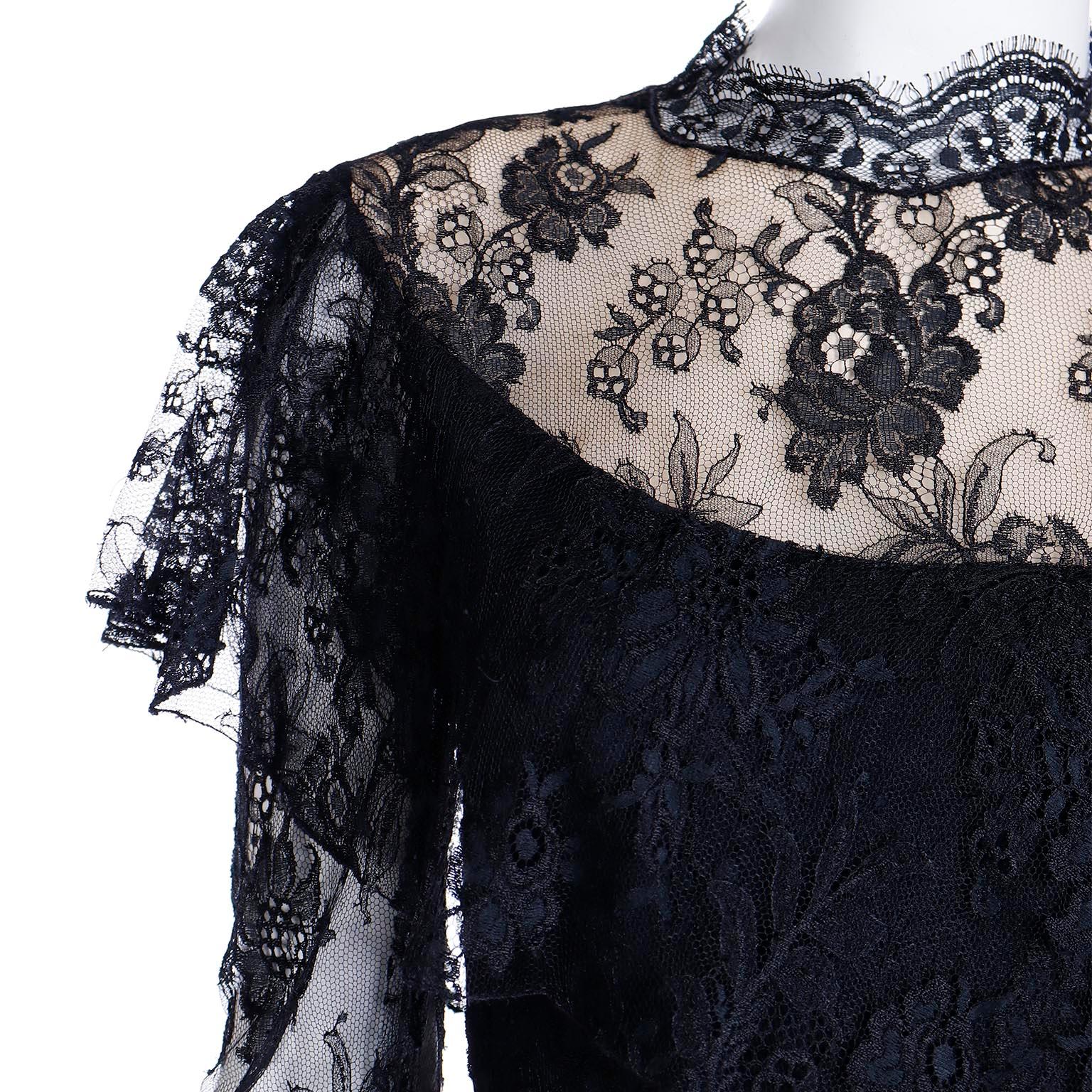 Loris Azzaro Vintage Black Lace Evening Dress w Asymmetrical Hem For Sale 4