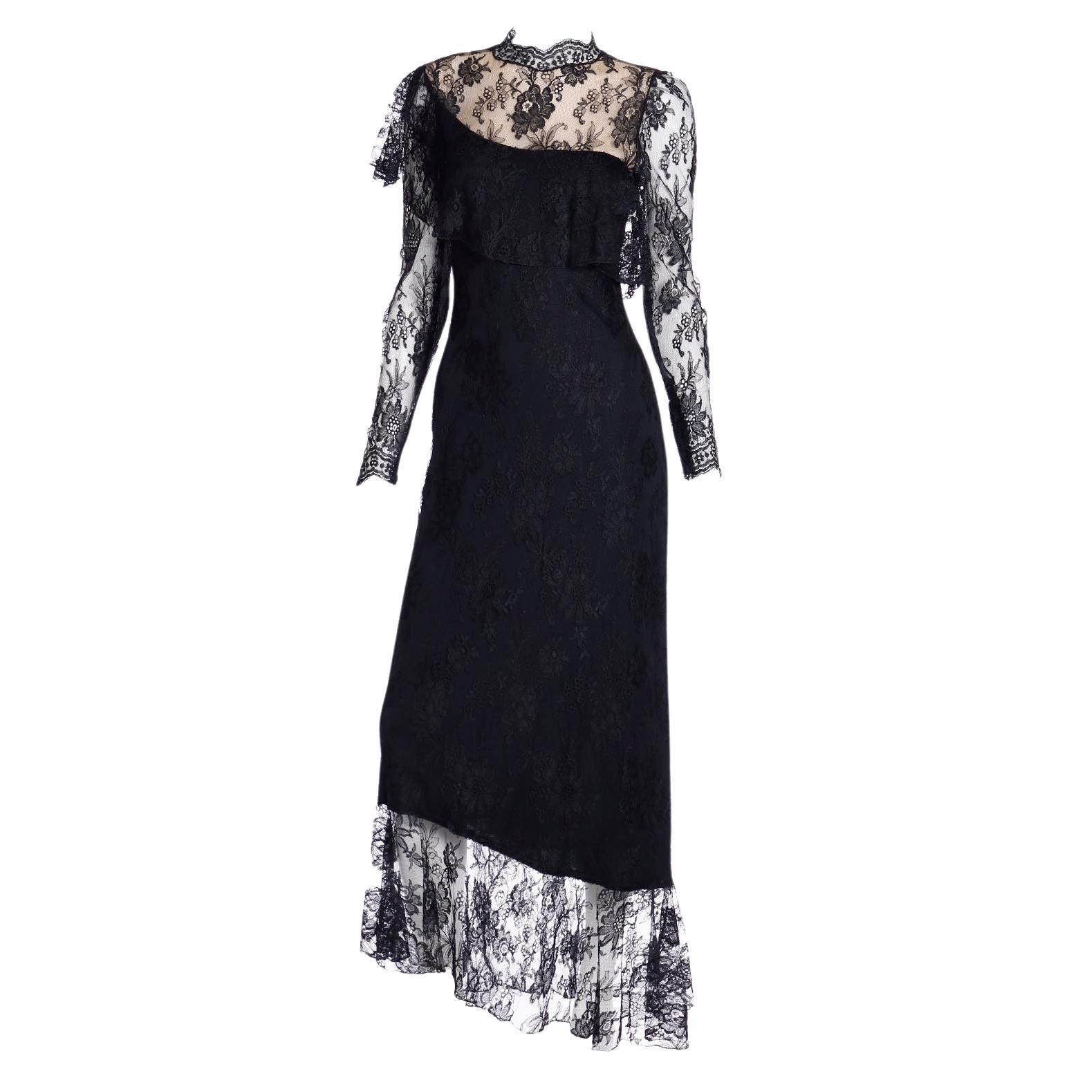 Loris Azzaro Vintage Black Lace Evening Dress w Asymmetrical Hem For Sale