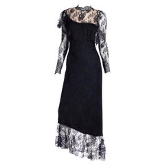 Loris Azzaro Vintage Black Lace Evening Dress w Asymmetrical Hem