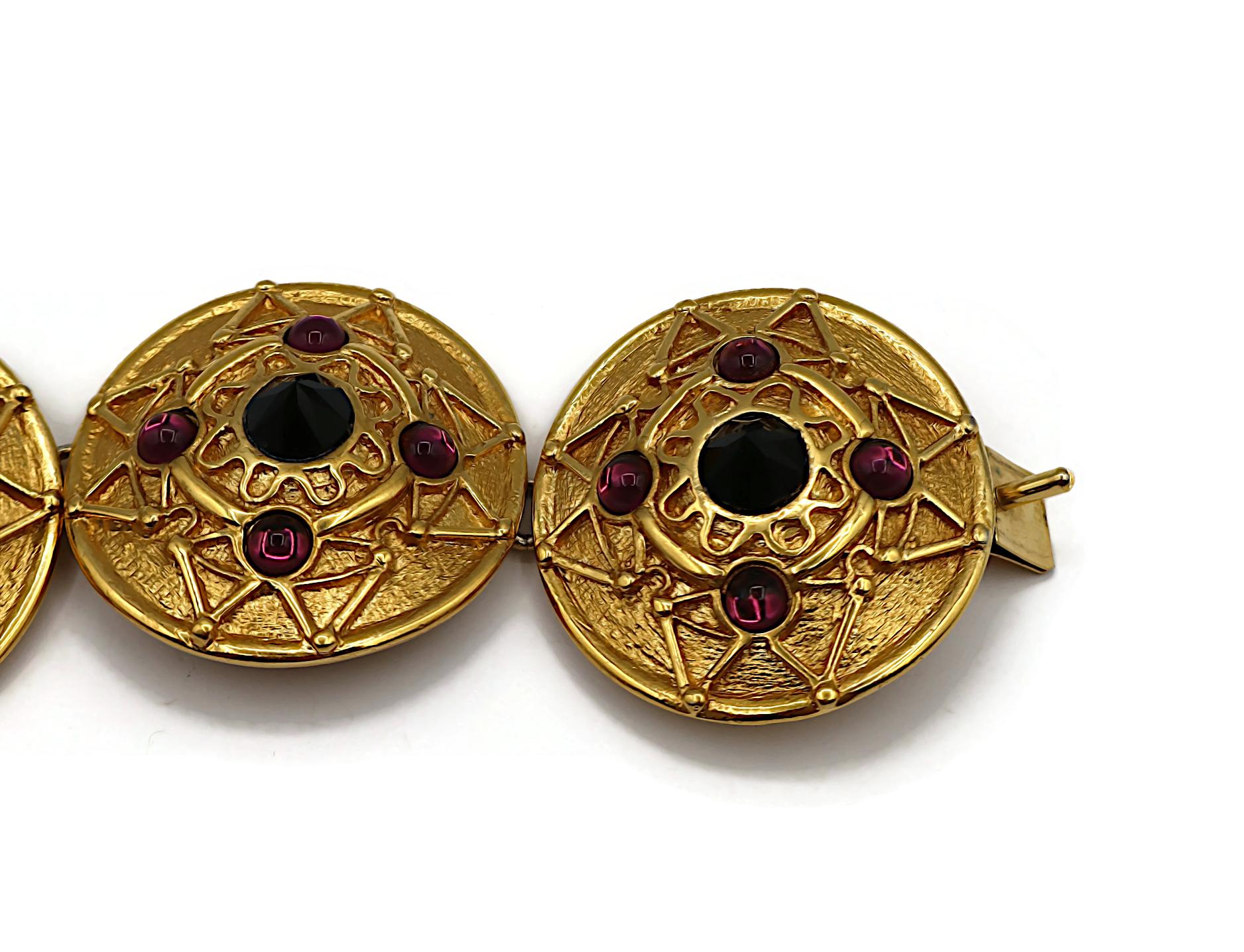 LORIS AZZARO Vintage Gold Tone Jewelled Shield Link Bracelet For Sale 5