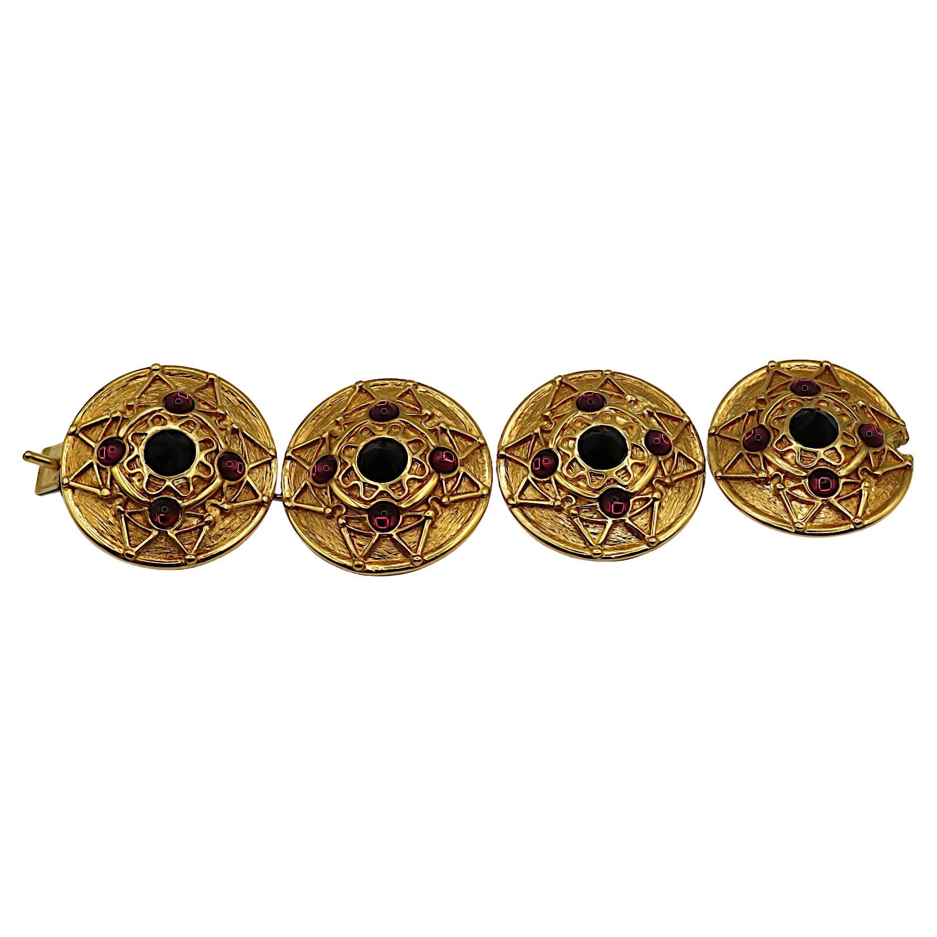 LORIS AZZARO Vintage Gold Tone Jewelled Shield Link Bracelet For Sale