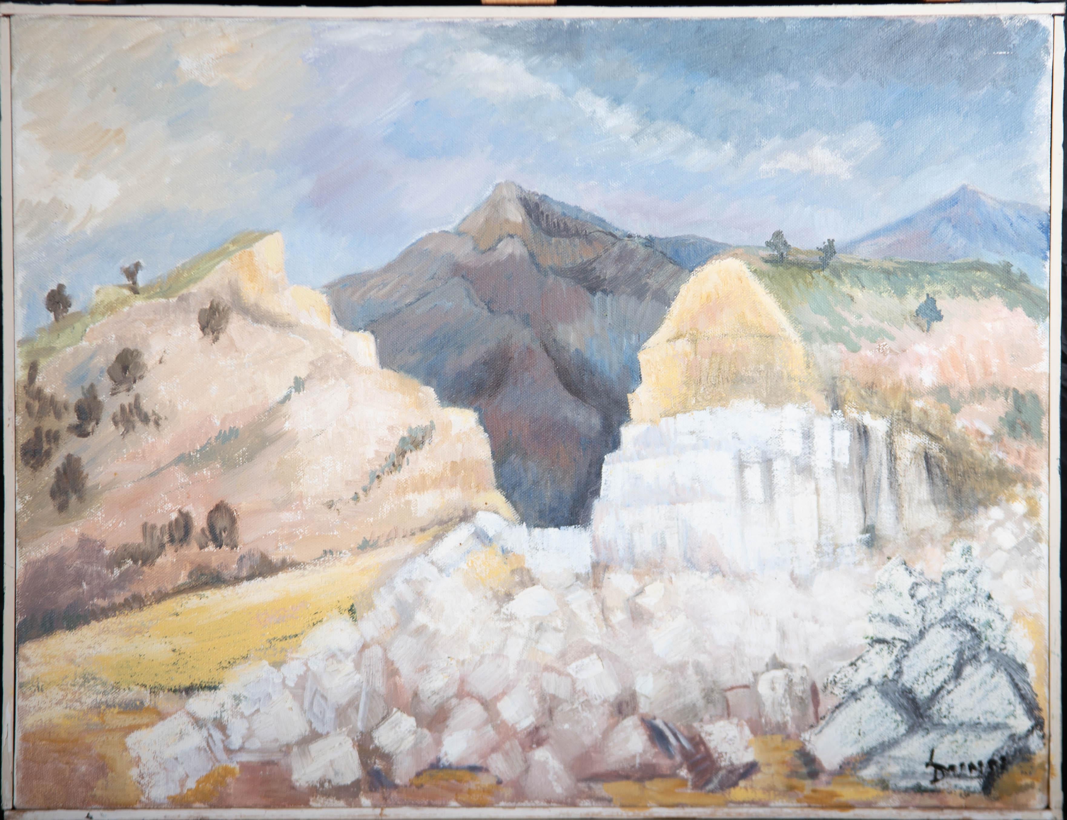 A fine mountainous landscape in oil with a modernist twist. The artist has signed to the lower right corner and the painting has a wood surround, white on the facing edge and black on the return edges. On canvas.
