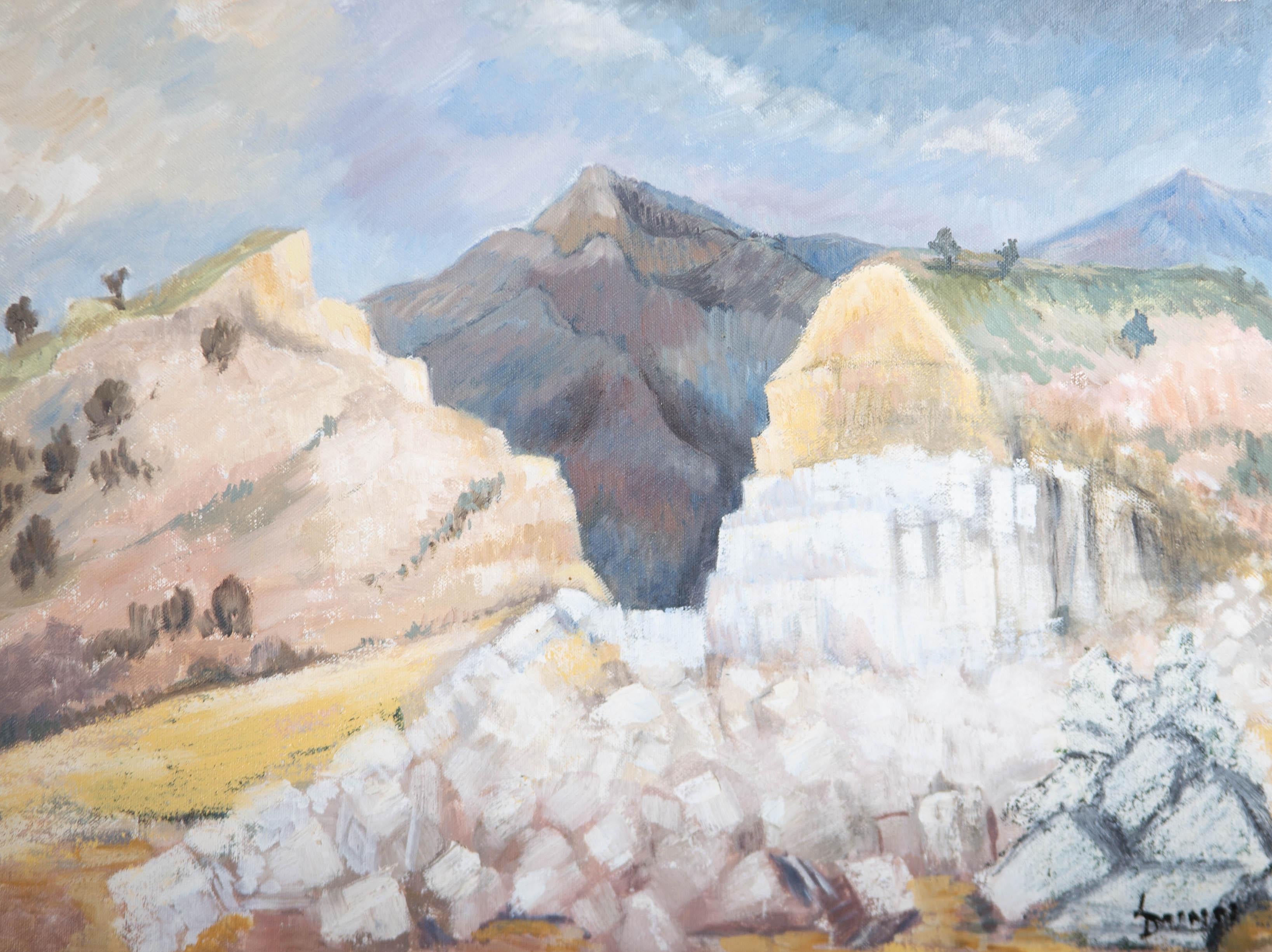A fine mountainous landscape in oil with a modernist twist. The artist has signed to the lower right corner and the painting has a wood surround, white on the facing edge and black on the return edges. On canvas.

