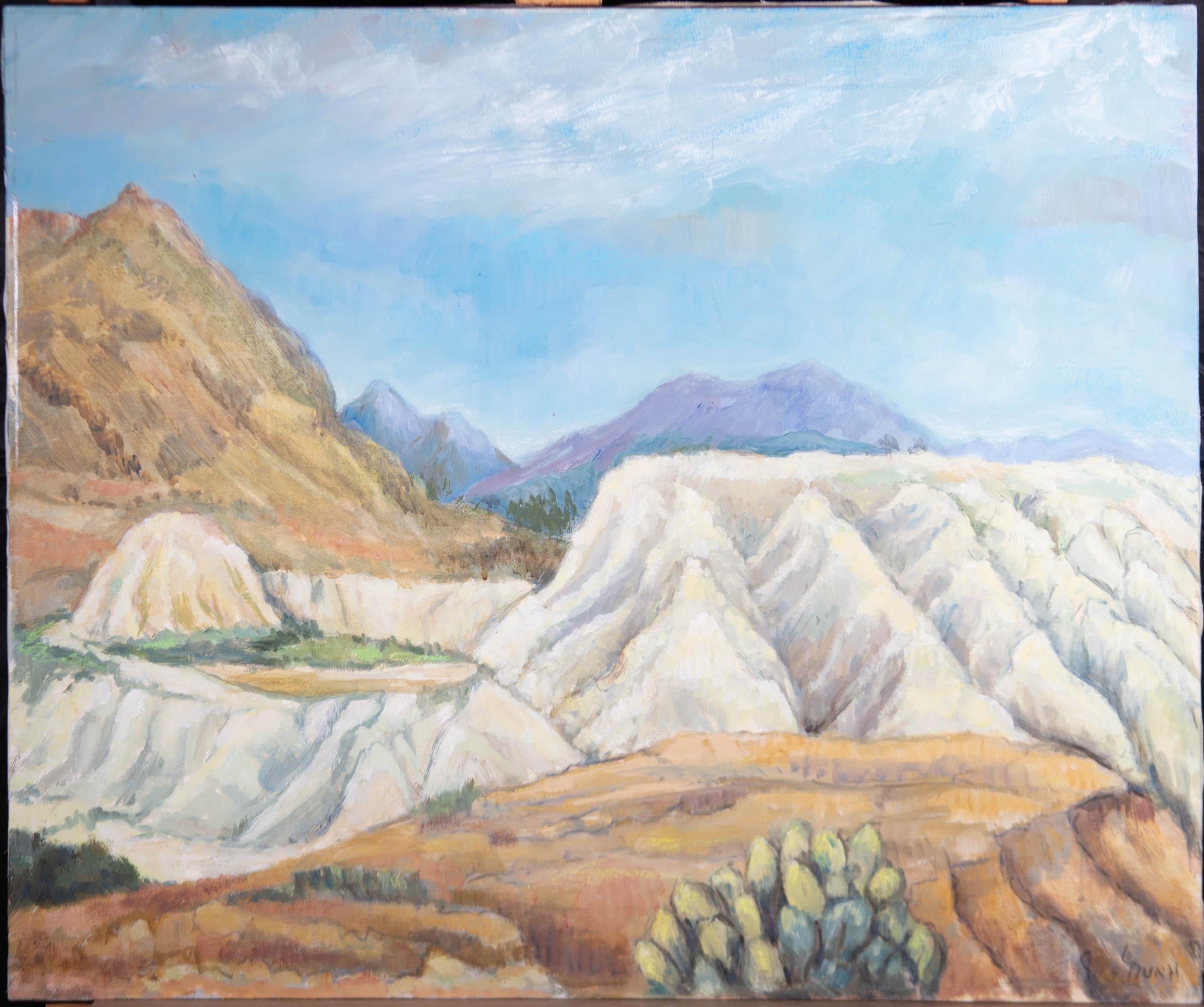 A colourful desert mountain landscape in oil. The artist has signed to the lower right and to the reverse of the canvas.

On canvas.
